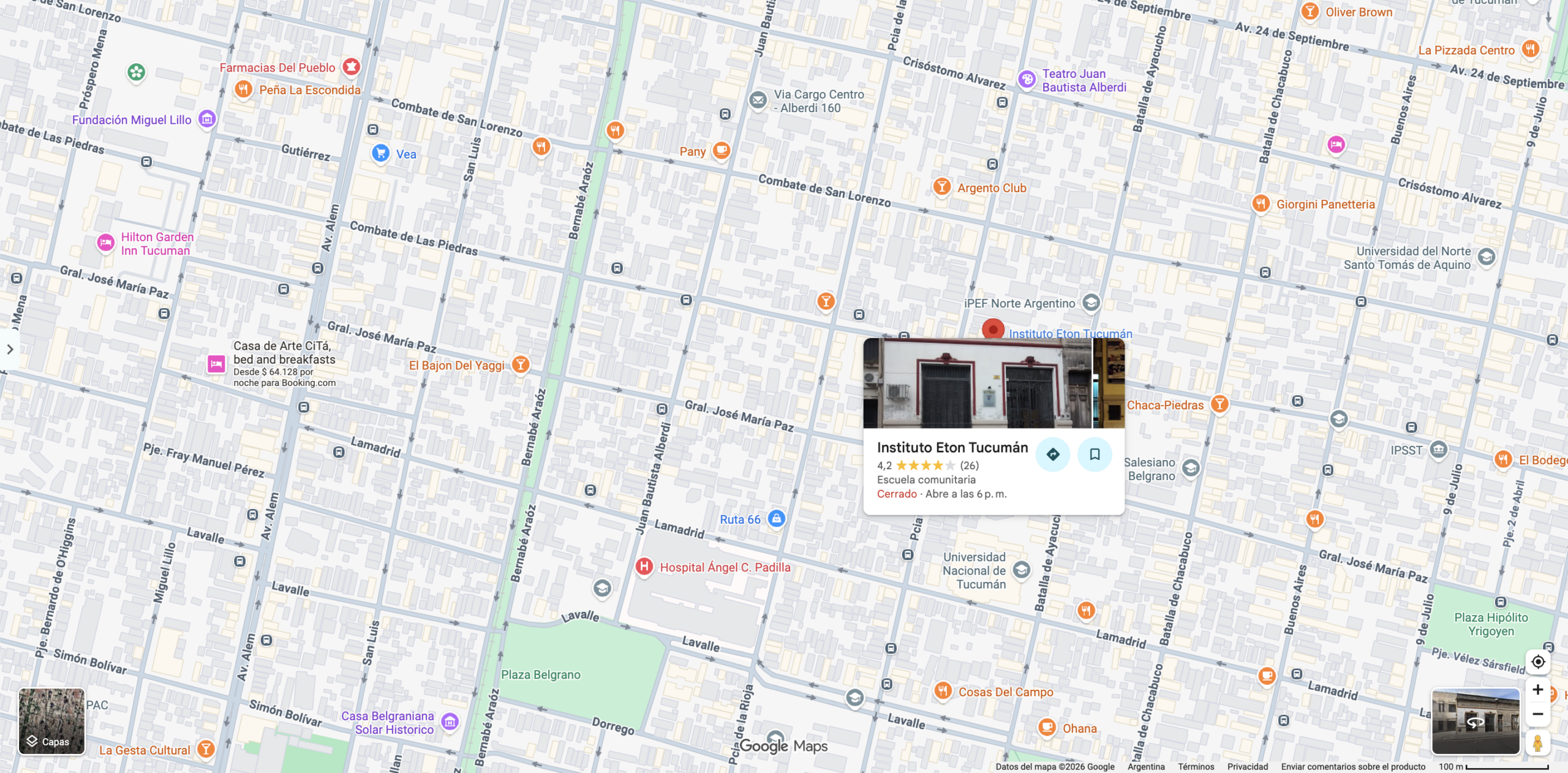 Combate de Las Piedras 875, San Miguel de Tucumán, Argentina. Mapa que indica la ubicación del Instituto Eton. Fuente: Google Maps.