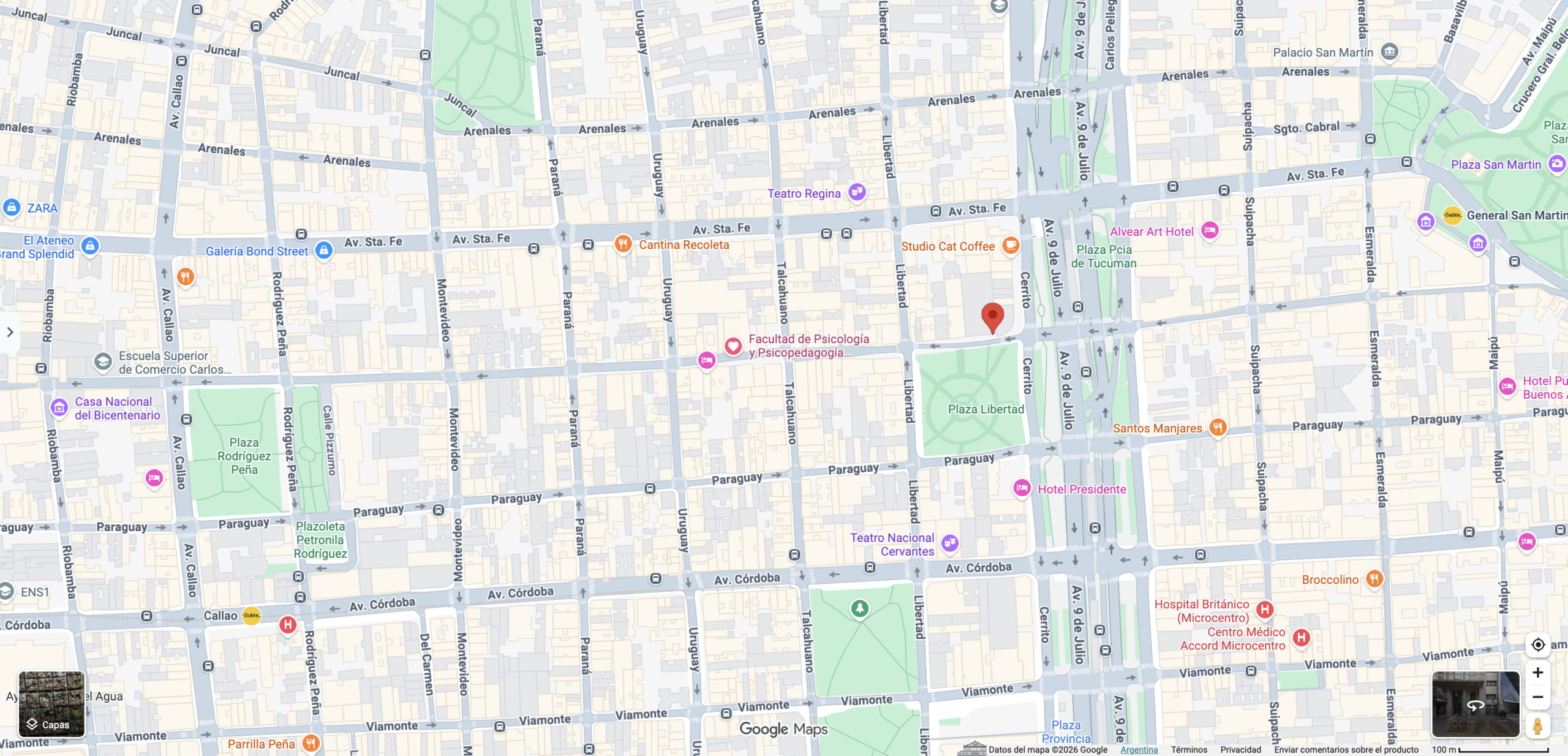 Mapa de Google Maps en Buenos Aires, Argentina, indicando la ubicación del Istituto Italiano di Cultura en la calle Marcelo T. de Alvear 1119, 3.º piso. Fuente: Google Maps.