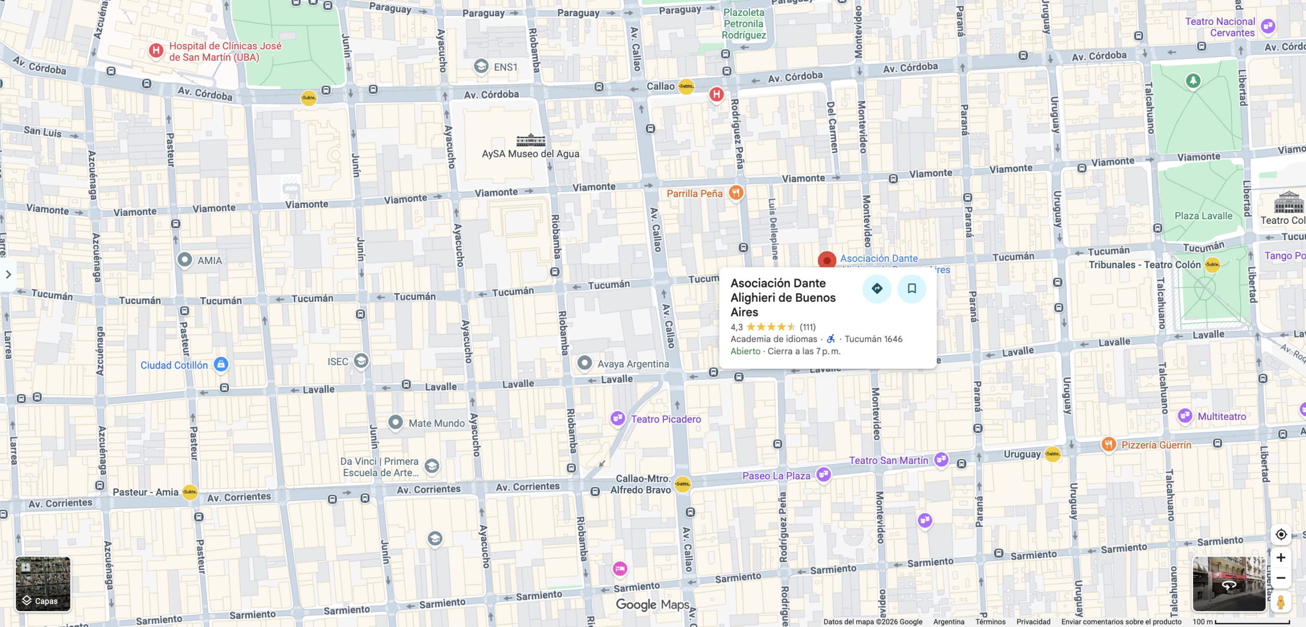 Mapa de Google Maps de la Ciudad de Buenos Aires con la ubicación de la Sede Central de la Asociación Dante Alighieri en la calle Tucumán 1646. Fuente: Google Maps.