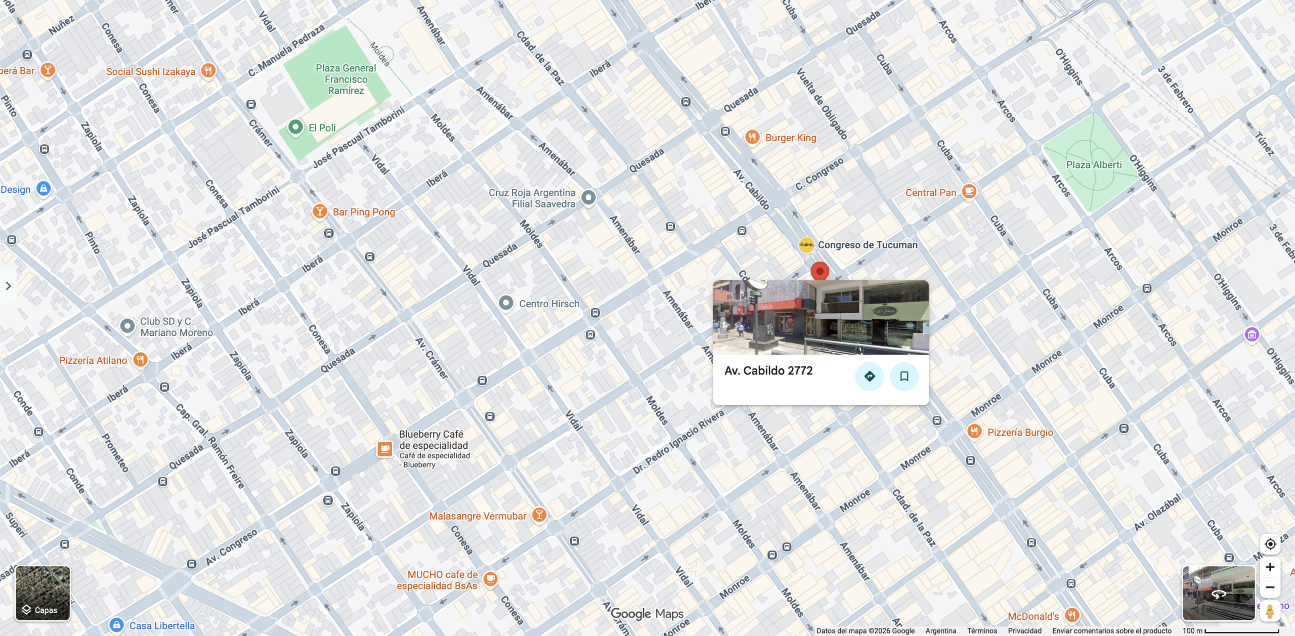 Mapa de Google Maps del barrio de Belgrano, CABA, Argentina, indicando la ubicación de la Asociación Dante Alighieri en la Av. Cabildo 2772. Fuente: Google Maps.
