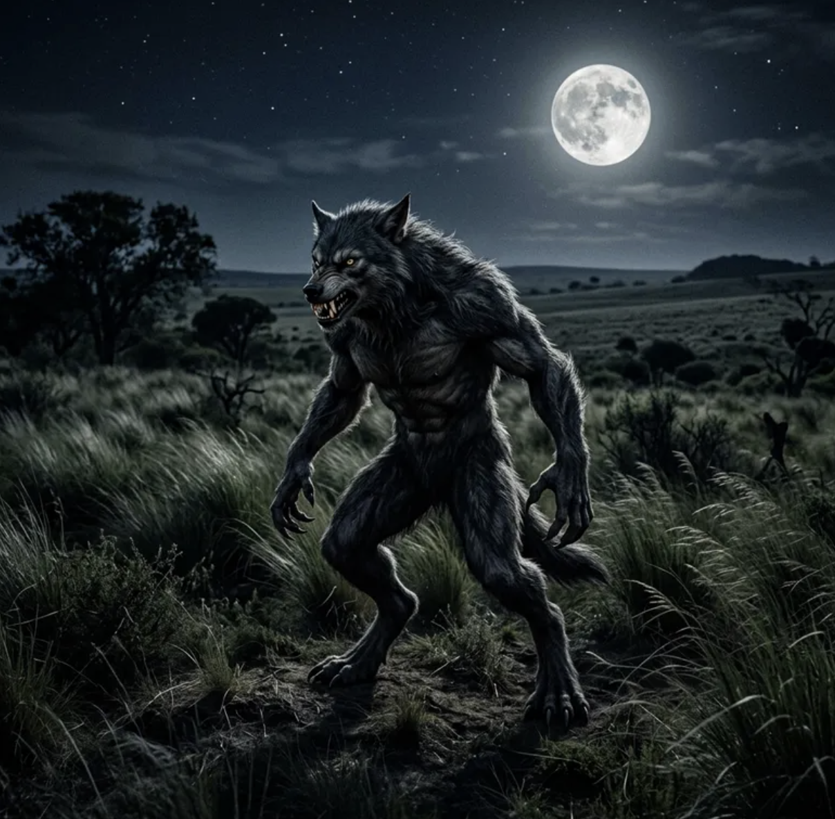 Ilustración de un lobizón de pelaje oscuro y ojos brillantes bajo la luz de la luna llena en el campo. Fuente: Wikimedia Commons.