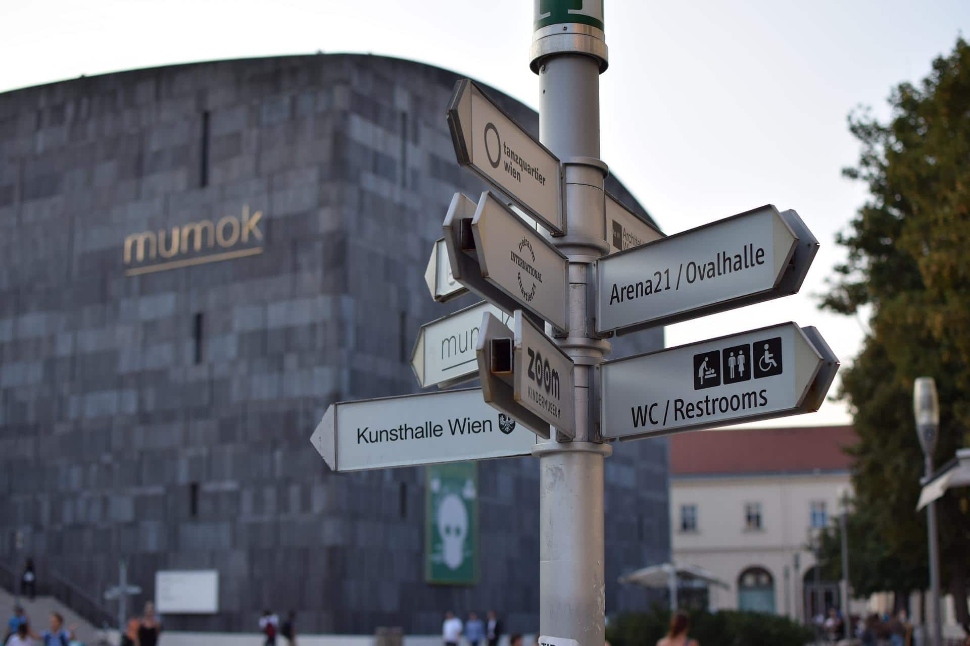 Wegweiser zu den verschiedene Ausstellungen im Museumsquartier in Wien