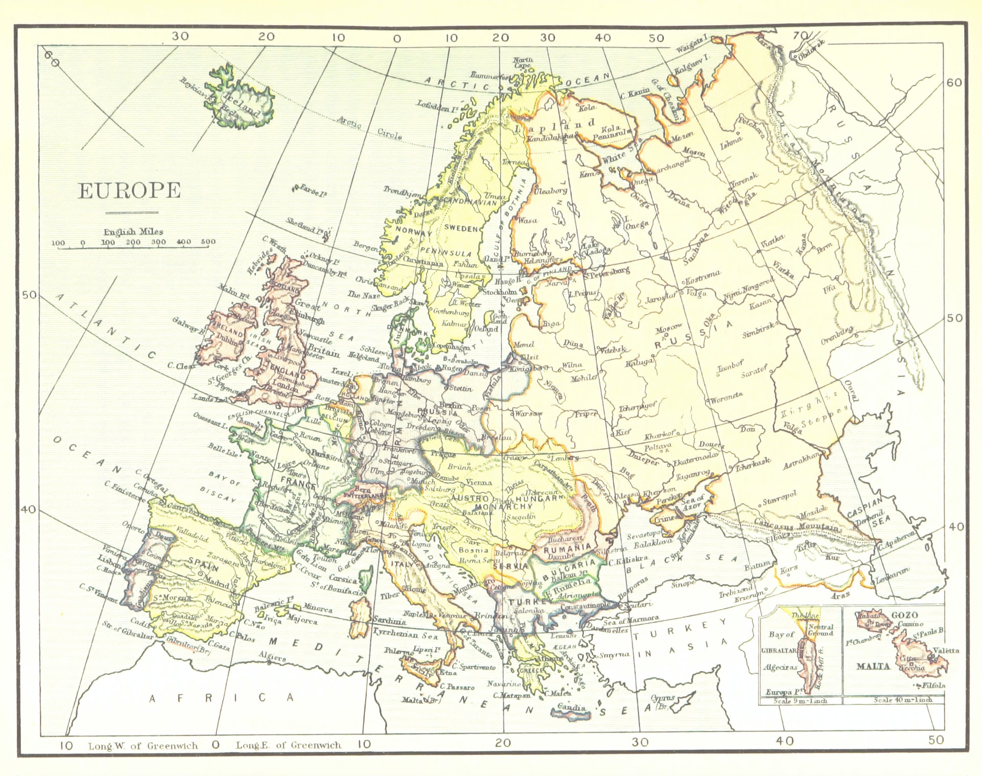 Eine alte europäische Karte, die Österreich noch als Österreichisch-Ungarische Monarchie darstellt.