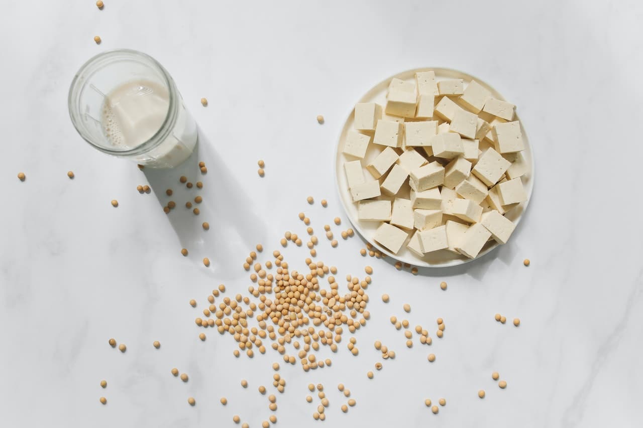 Tofuwürfel liegen auf weißem Teller daneben Sojabohnen und ein Glas Milch