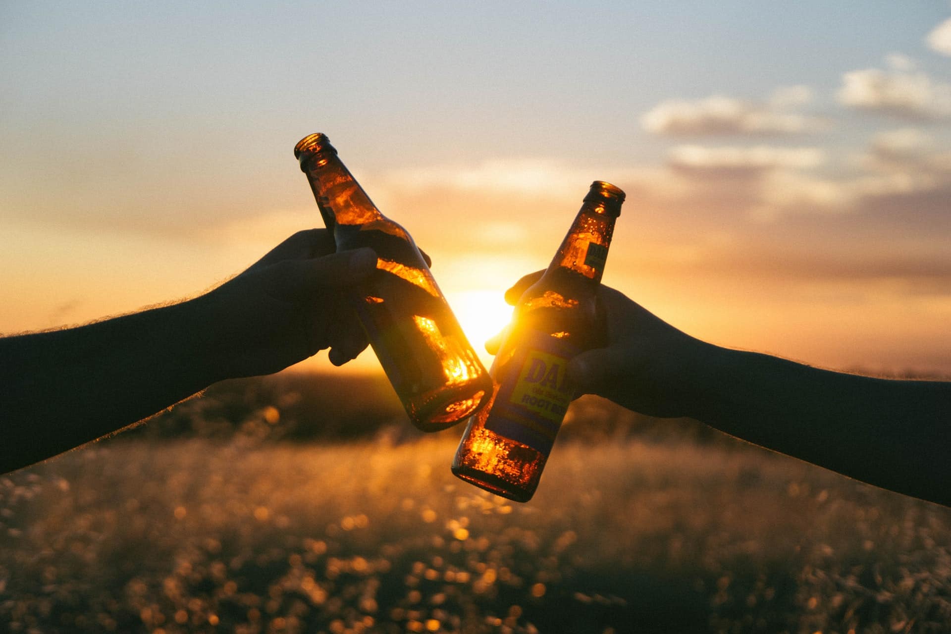 Zwei Bierflaschen werden im Sonnenuntergang aneinandergestoßen