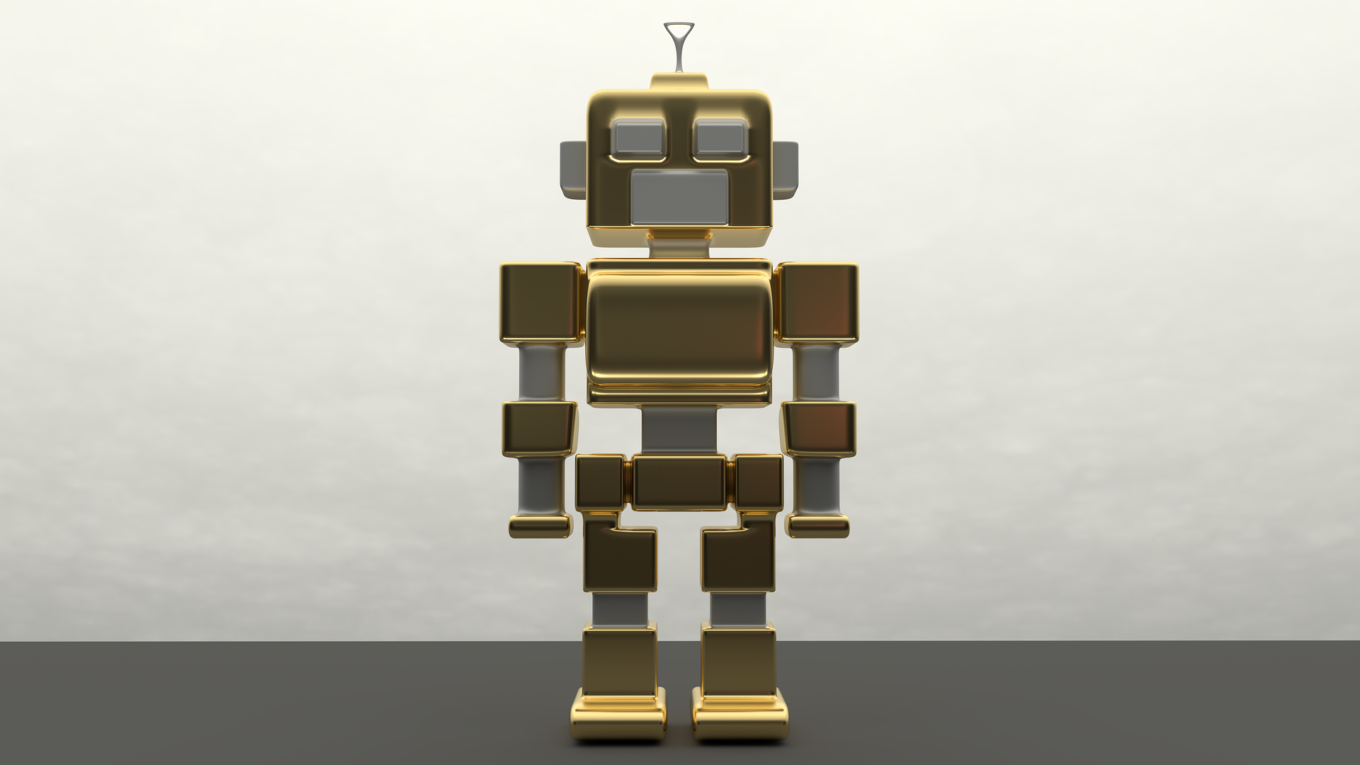 Ein weiß-goldenere Roboter steht frontal zur Kamera gerichtet.