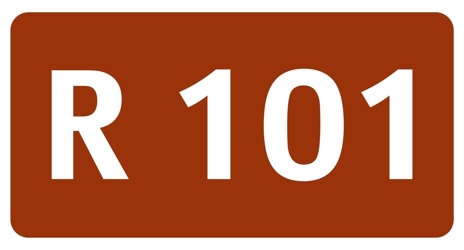 Das Logo des Radiosenders „R101", welches aus einem großen weißen Schriftzug mit dem Namen „R101" auf rot-orangenem Hintergrund besteht.