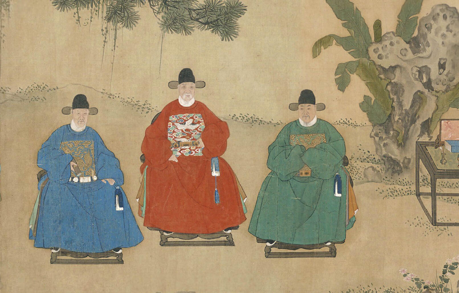 A painting depicting three men dressed in traditional clothing, showcasing cultural attire and expressions.