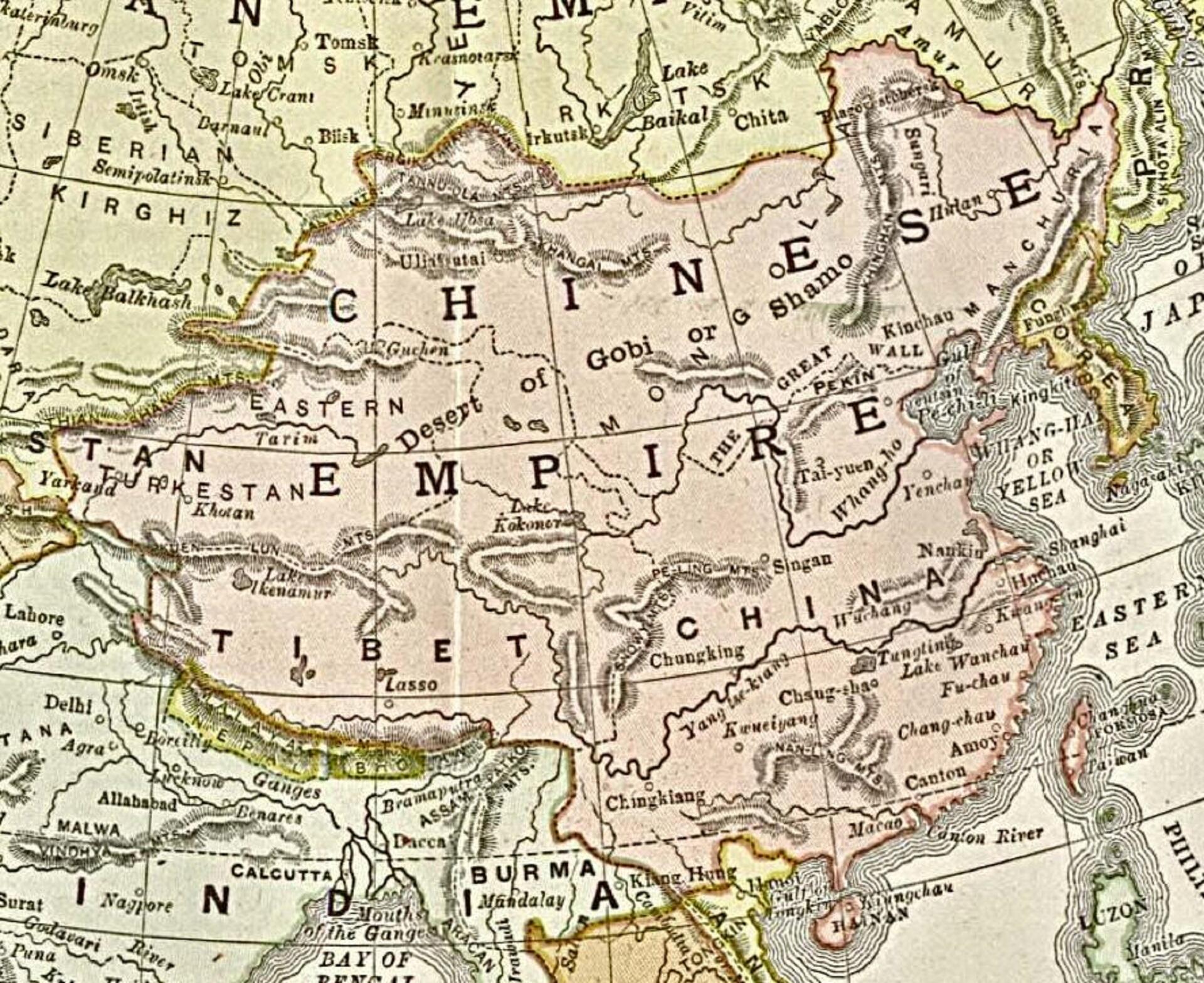 An older map of China focused on the southern part of the country, highlighting Tibet and the Gobi desert.