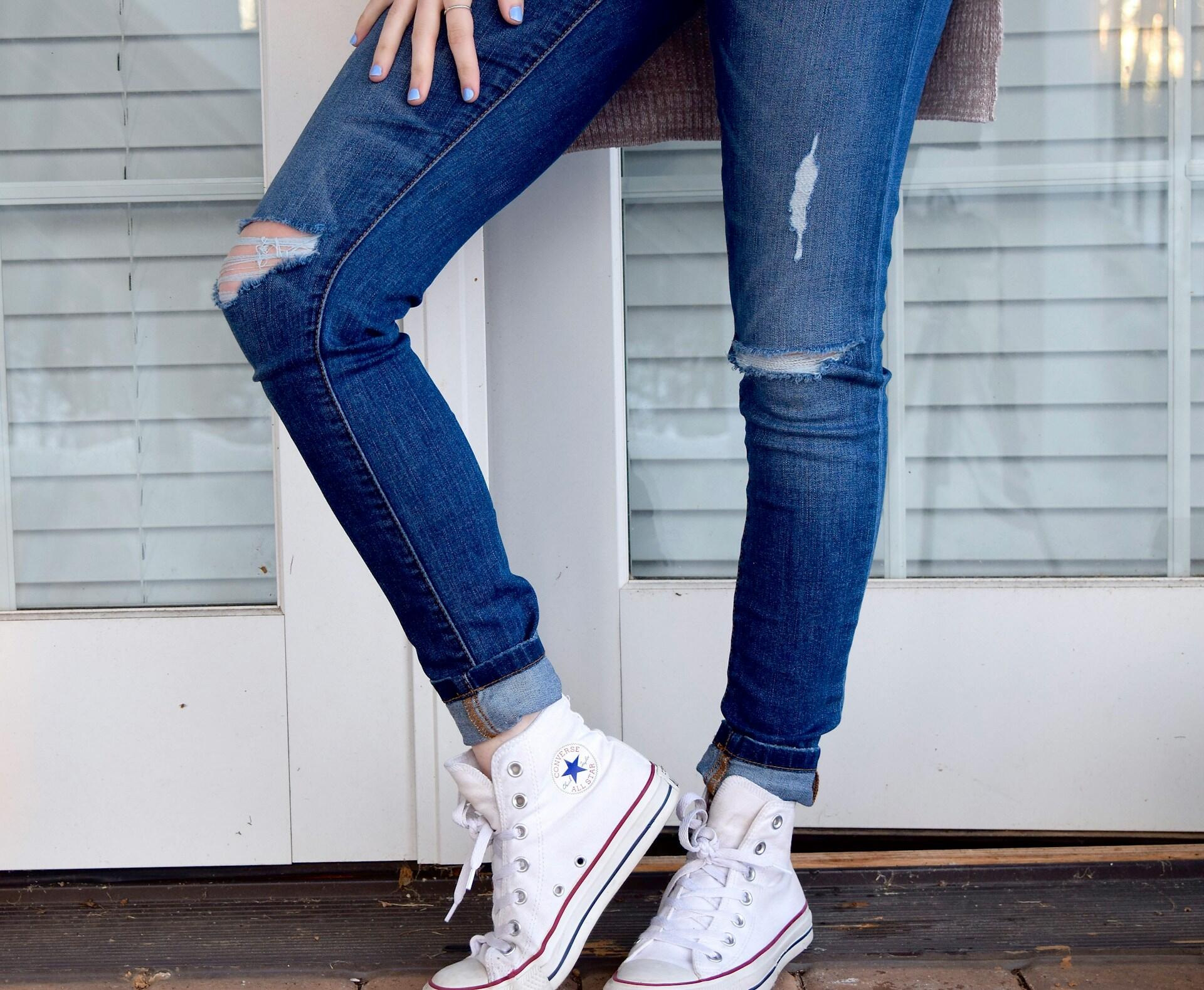 denim jeans with lapped seams running down the length of the leg