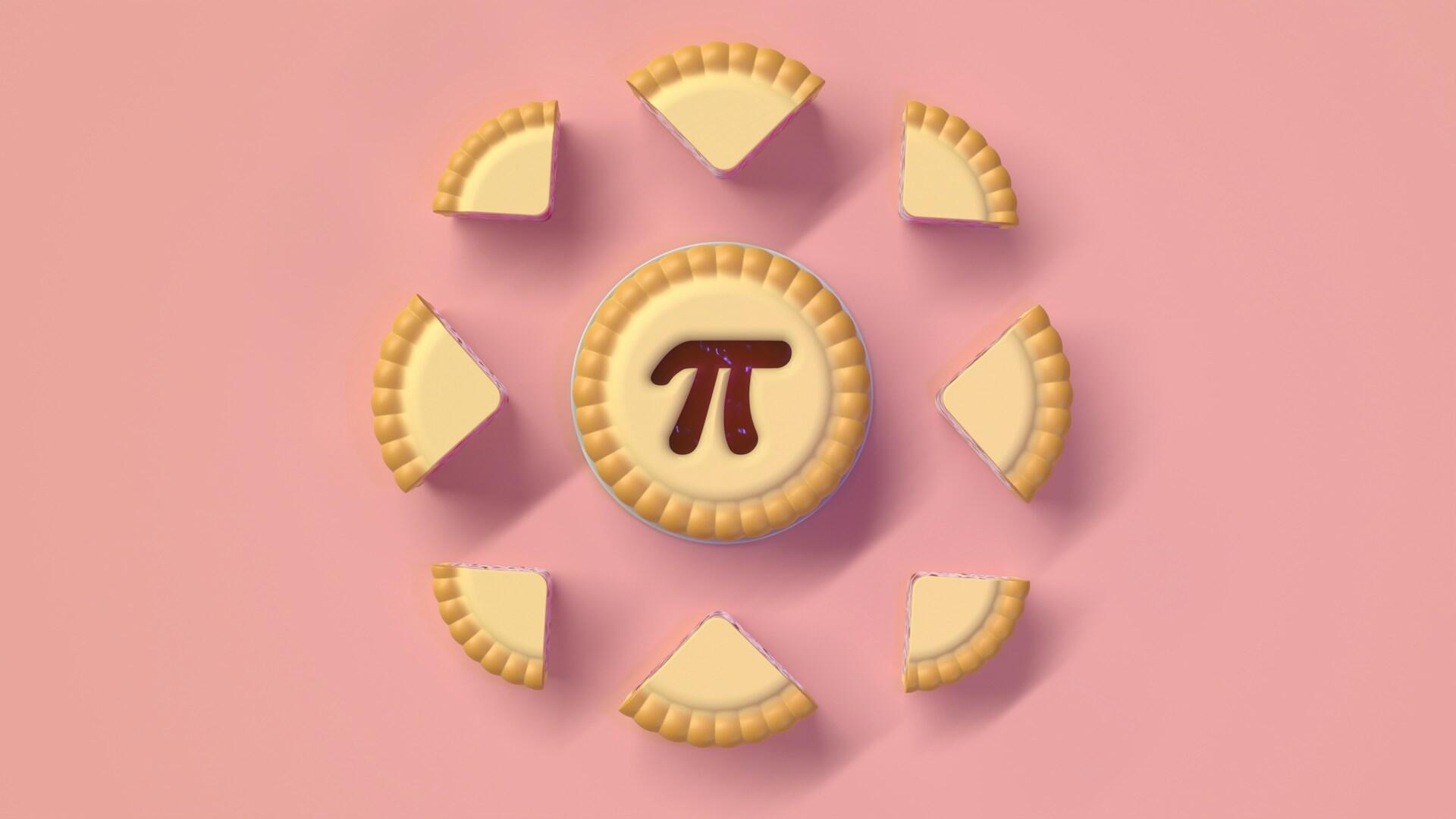 A pie with the symbol for pi on it, with slices of pie arranged around it, against a pink background.