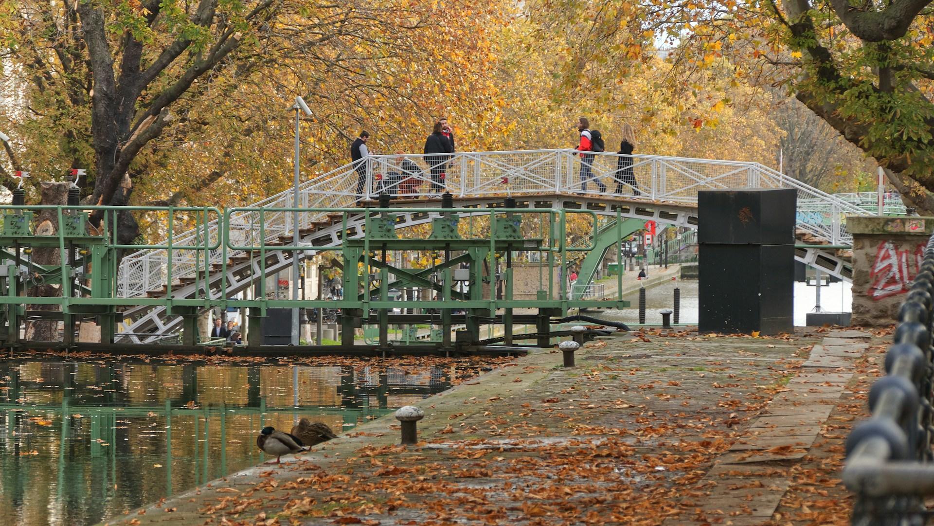 A bridge in Paris seen during Autumn, its white railing and green structural beams stand out against the golden foliage and the bridge crossers' sombre clothing.