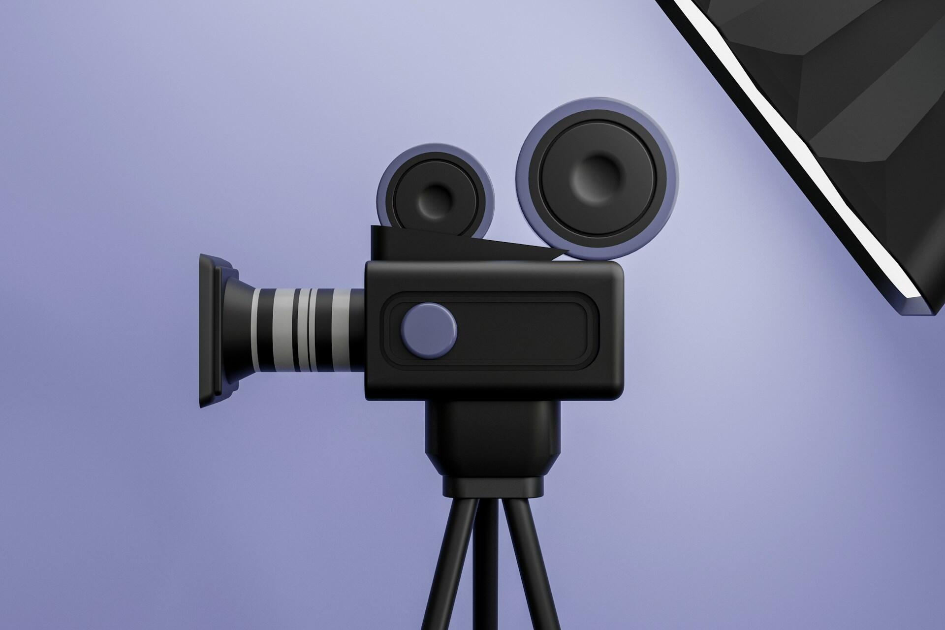 Vintage-style movie camera on tripod against a purple background.
