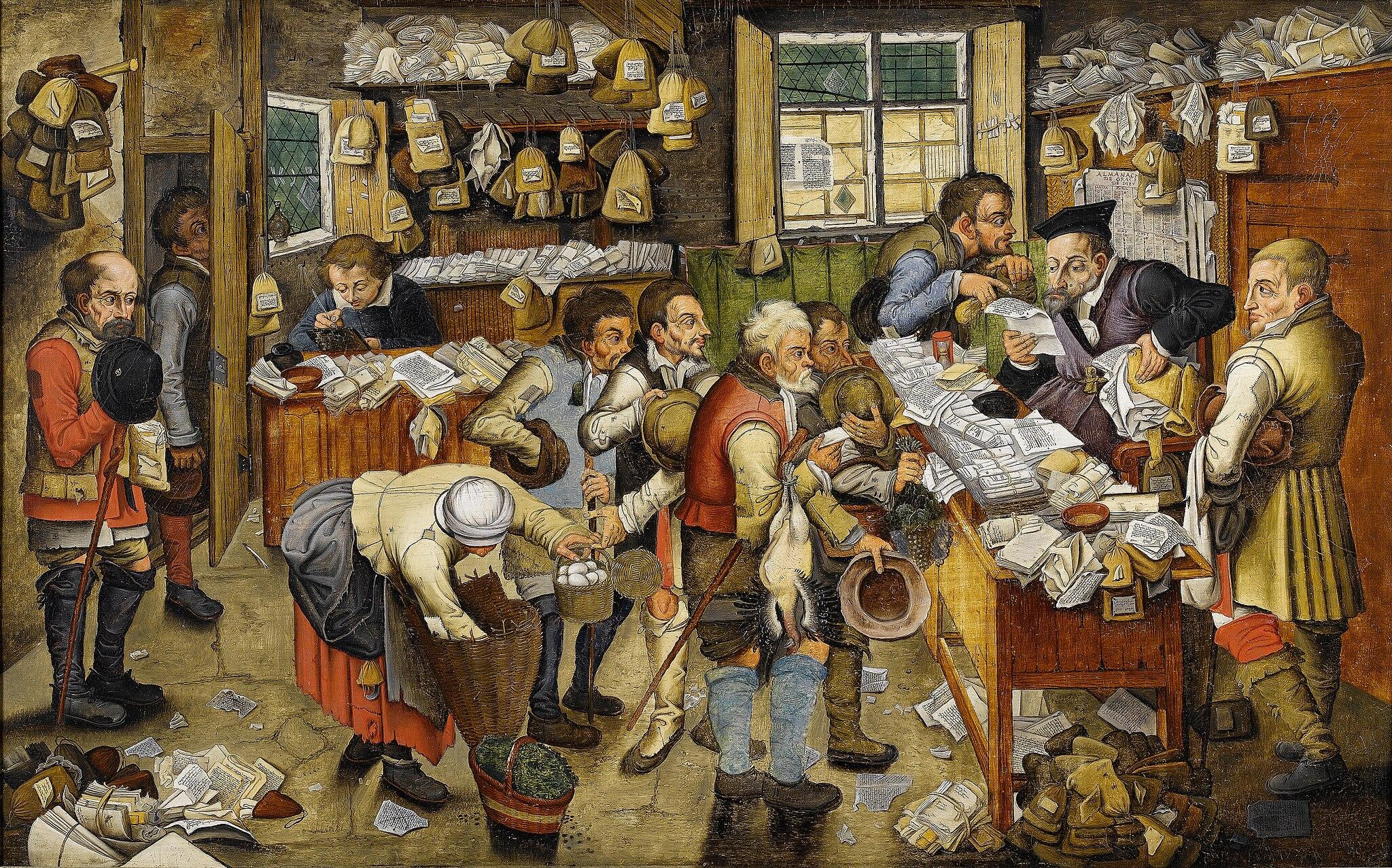 People facing each other across a table laden with money. 