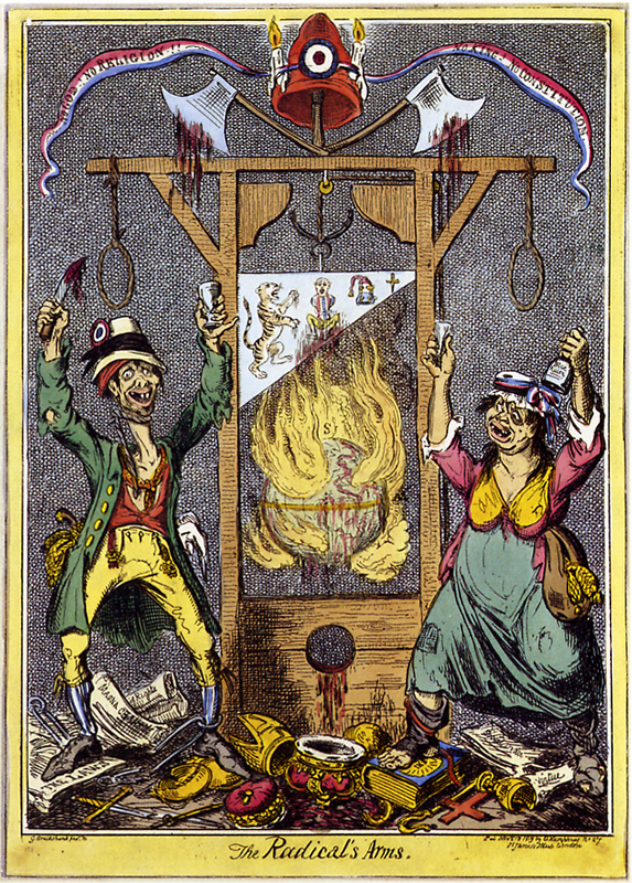 A bloody guillotine with two drunken people flanking it, and a pile of treasure under it. 