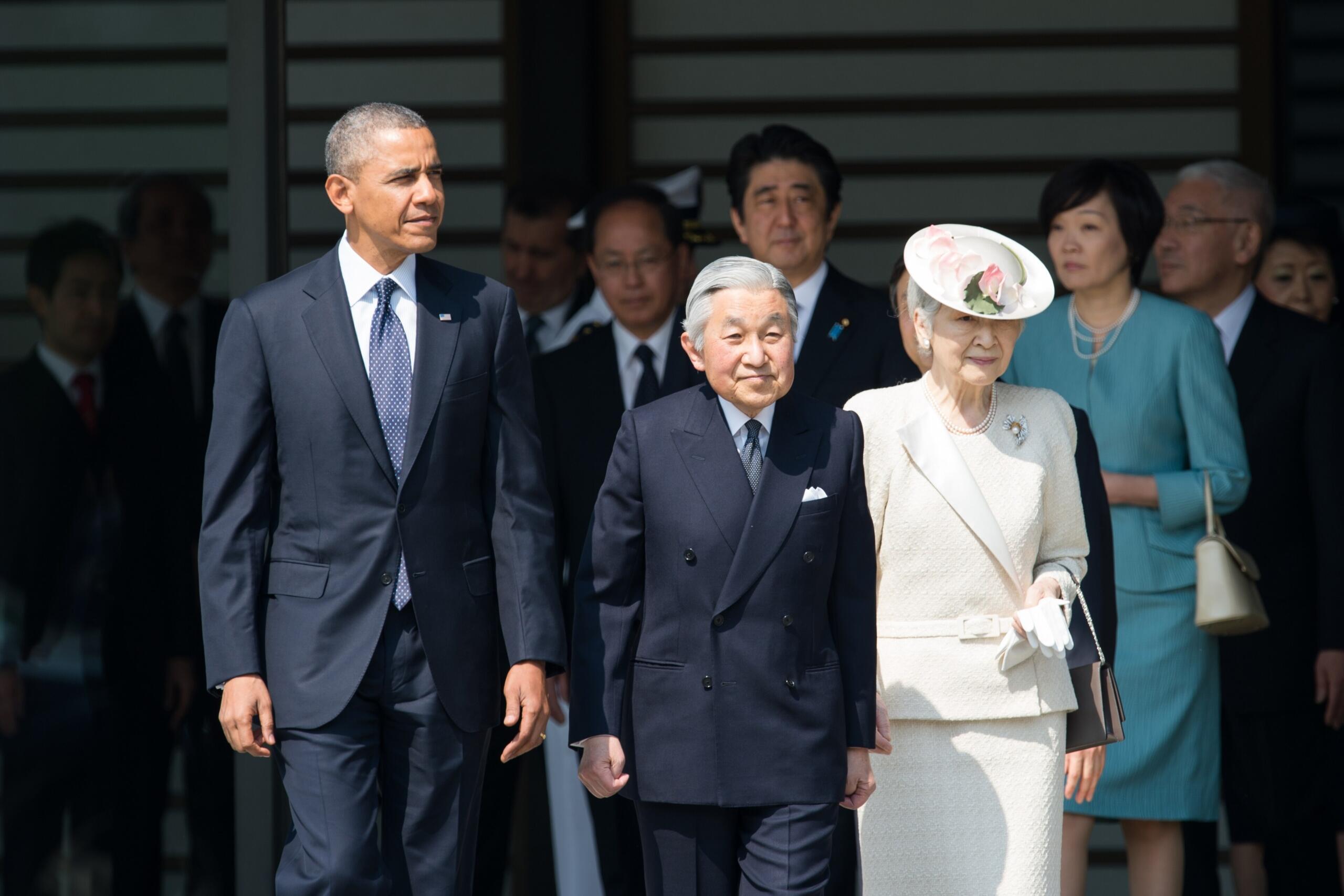 U.S. President Obama with Emperor and Empress of Japan and Japan’s Prime Minister Shinzo Abe at the Imperial Palace during his state visit to Japan