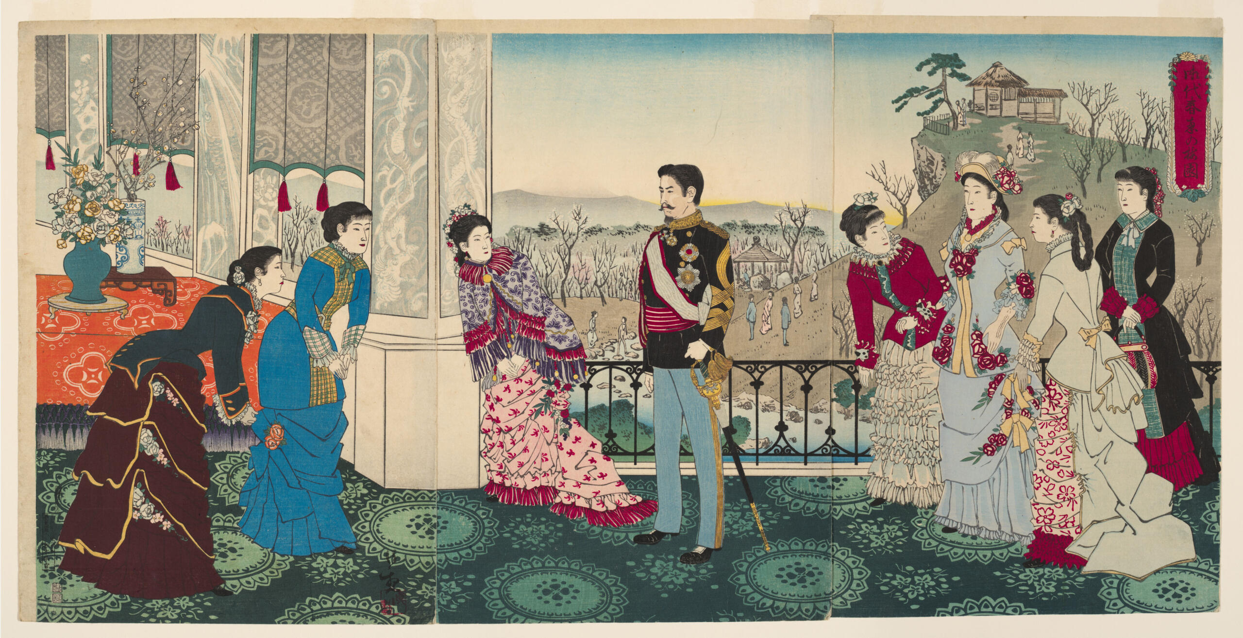 Emperor Meiji and His Consort in the Plum Garden, print, 1887