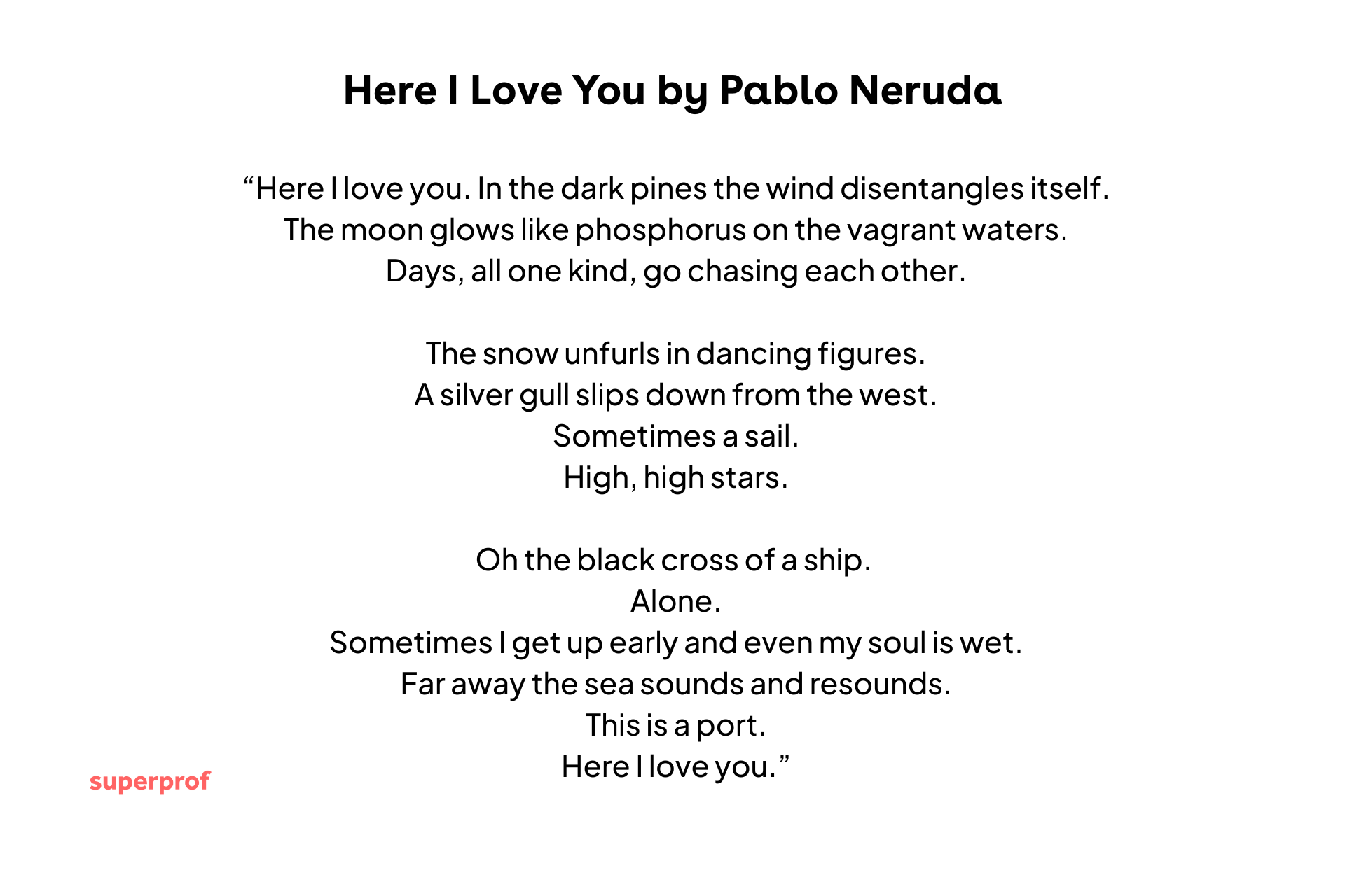 Pablo Neruda poem Here I Love You displayed as centered text, evoking love, solitude, and coastal imagery.