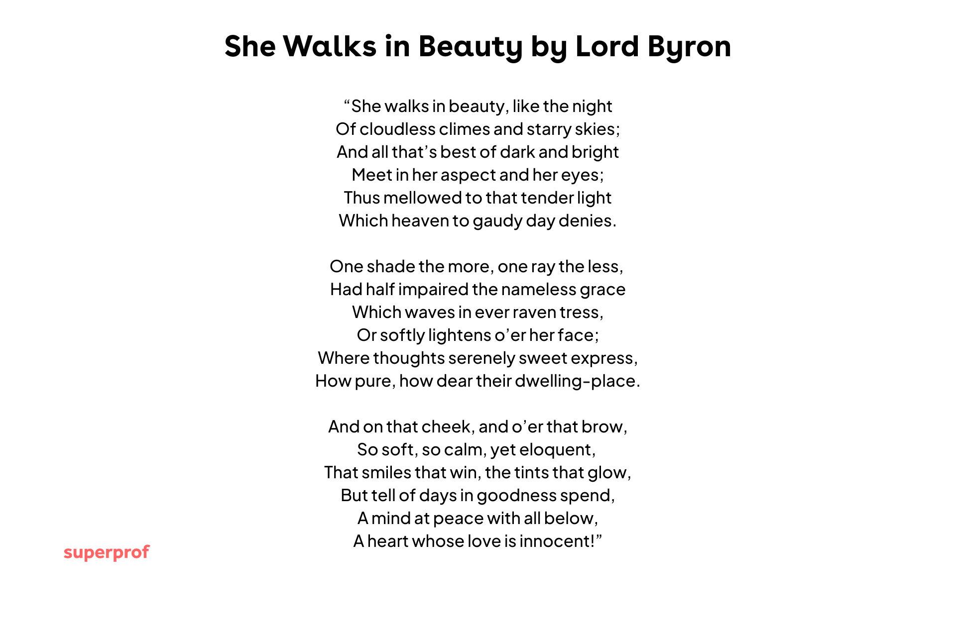 Lord Byron poem She Walks in Beauty displayed as centered text, celebrating grace, harmony, and inner beauty.