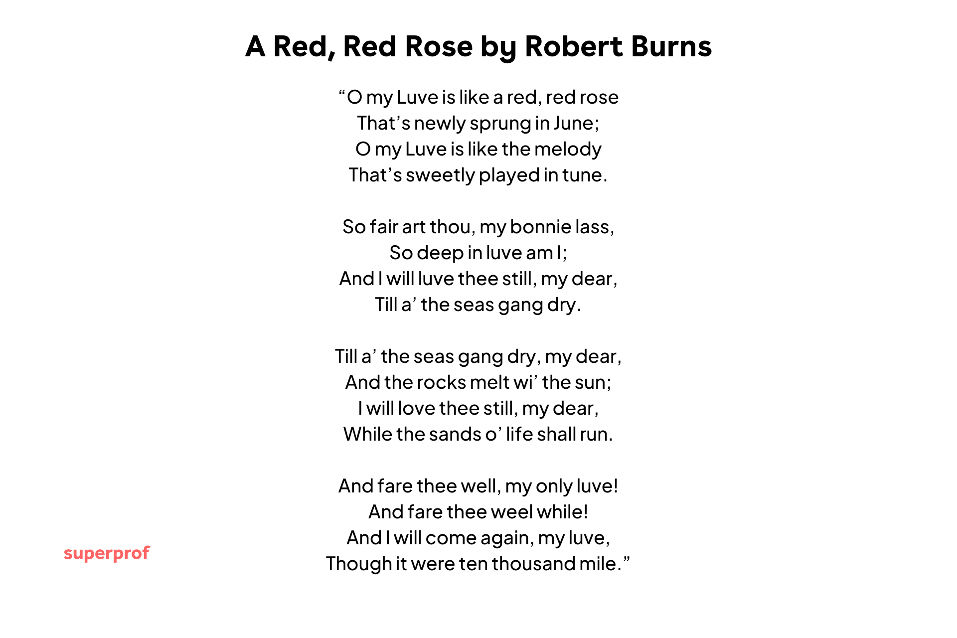 Robert Burns poem A Red, Red Rose displayed as centered text, expressing enduring love through romantic imagery.