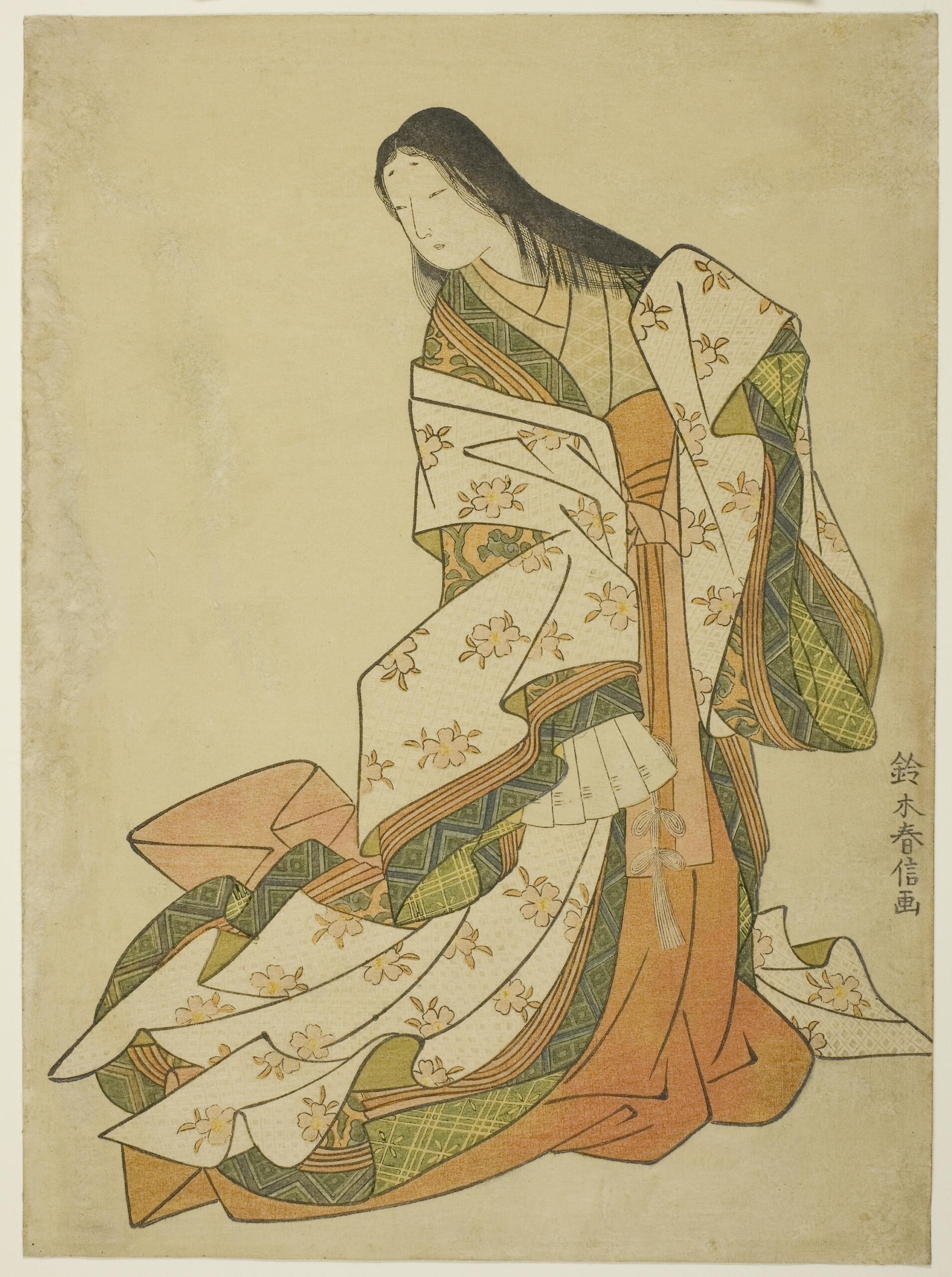 woodcut print depicting Ono no Komachi in a kimono