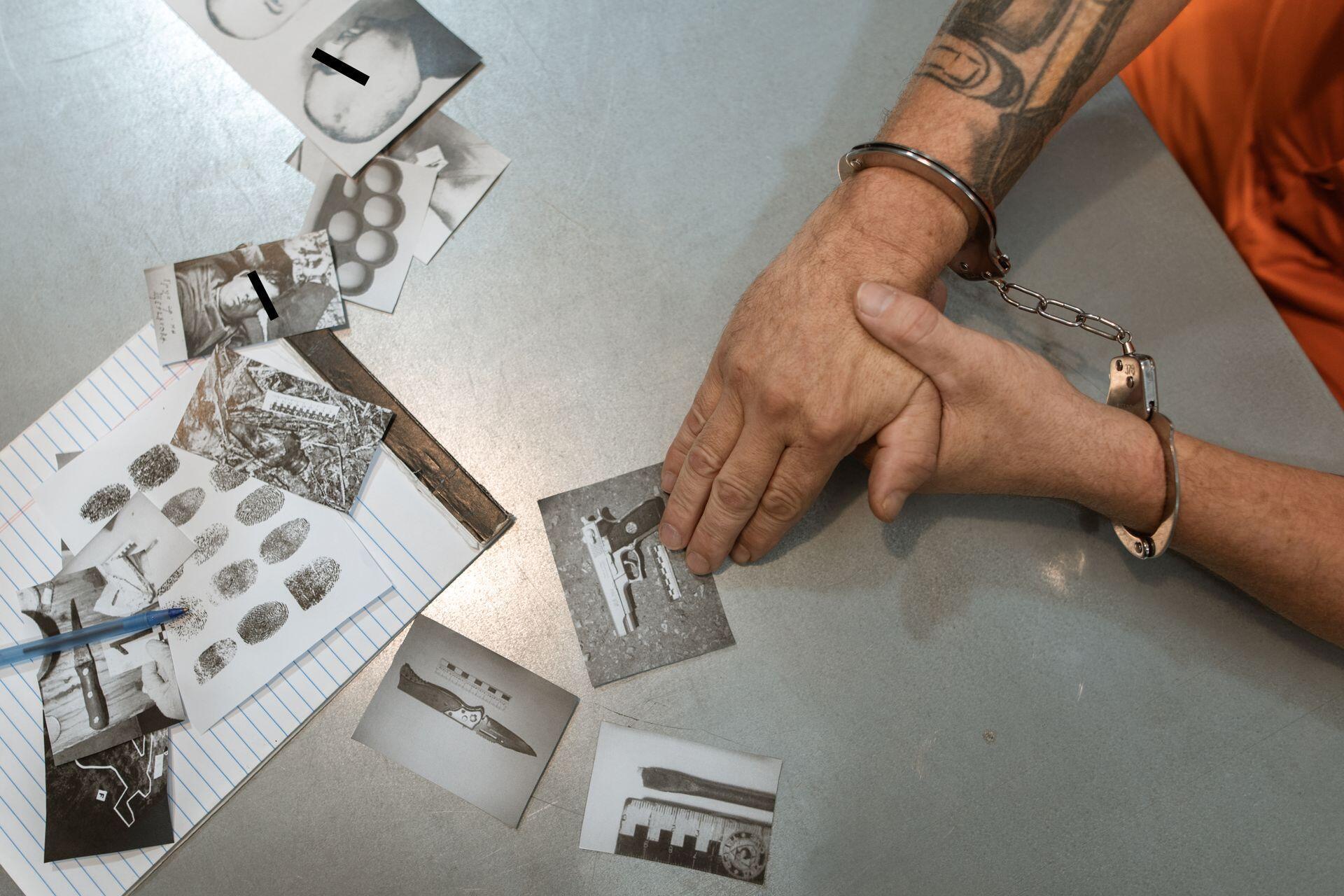 an arrested person wearing handcuffs and looking at photos of evidence on a metal table during an interrogation