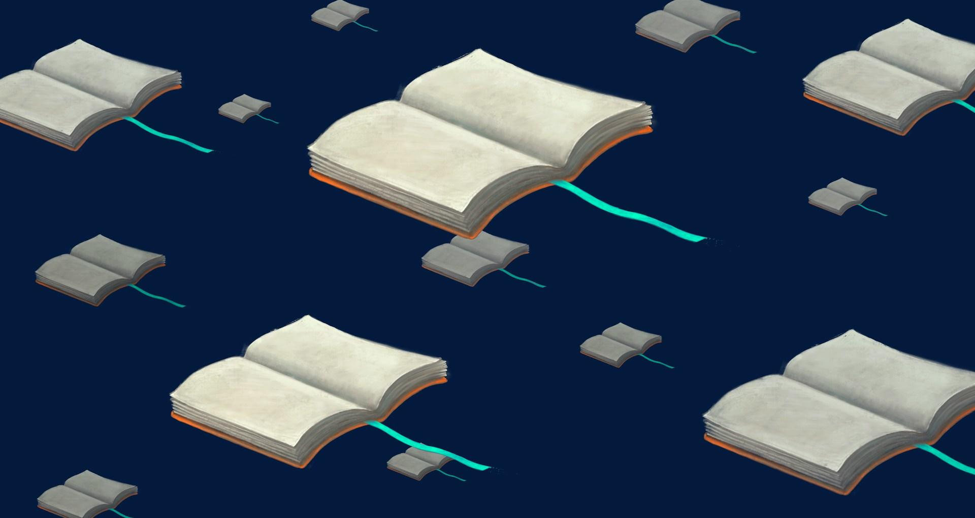 Illustration of many identical flying books.