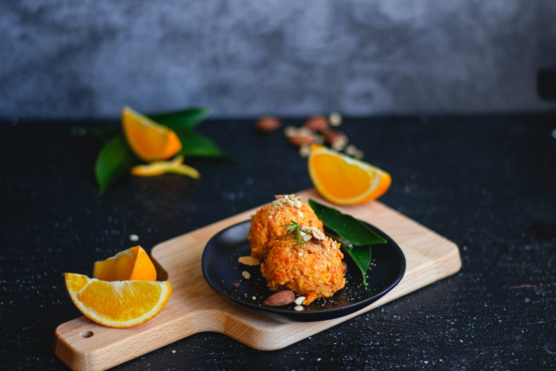 a plate of food on a cutting board