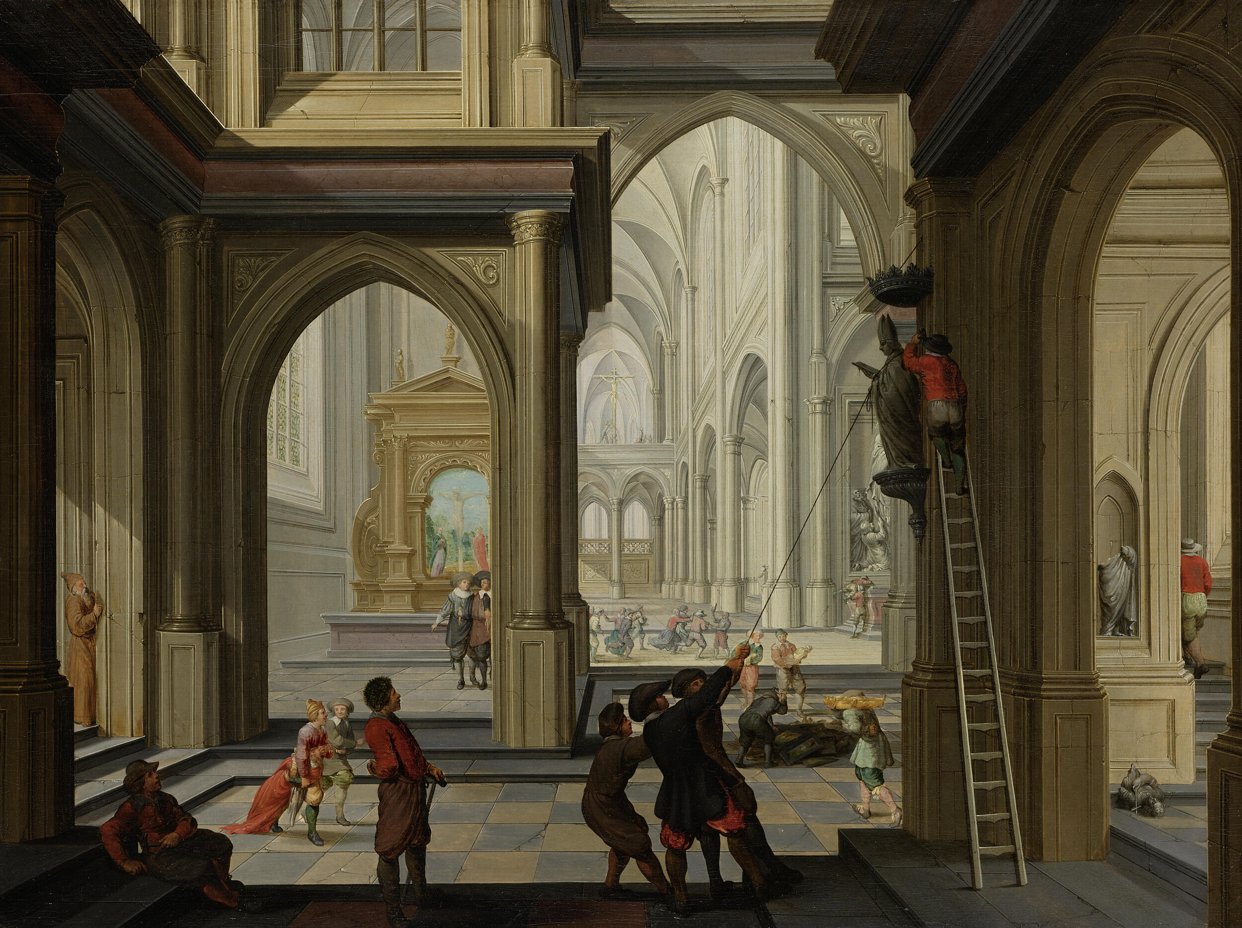 A painting of people on ladders taking down statues while others look on. 