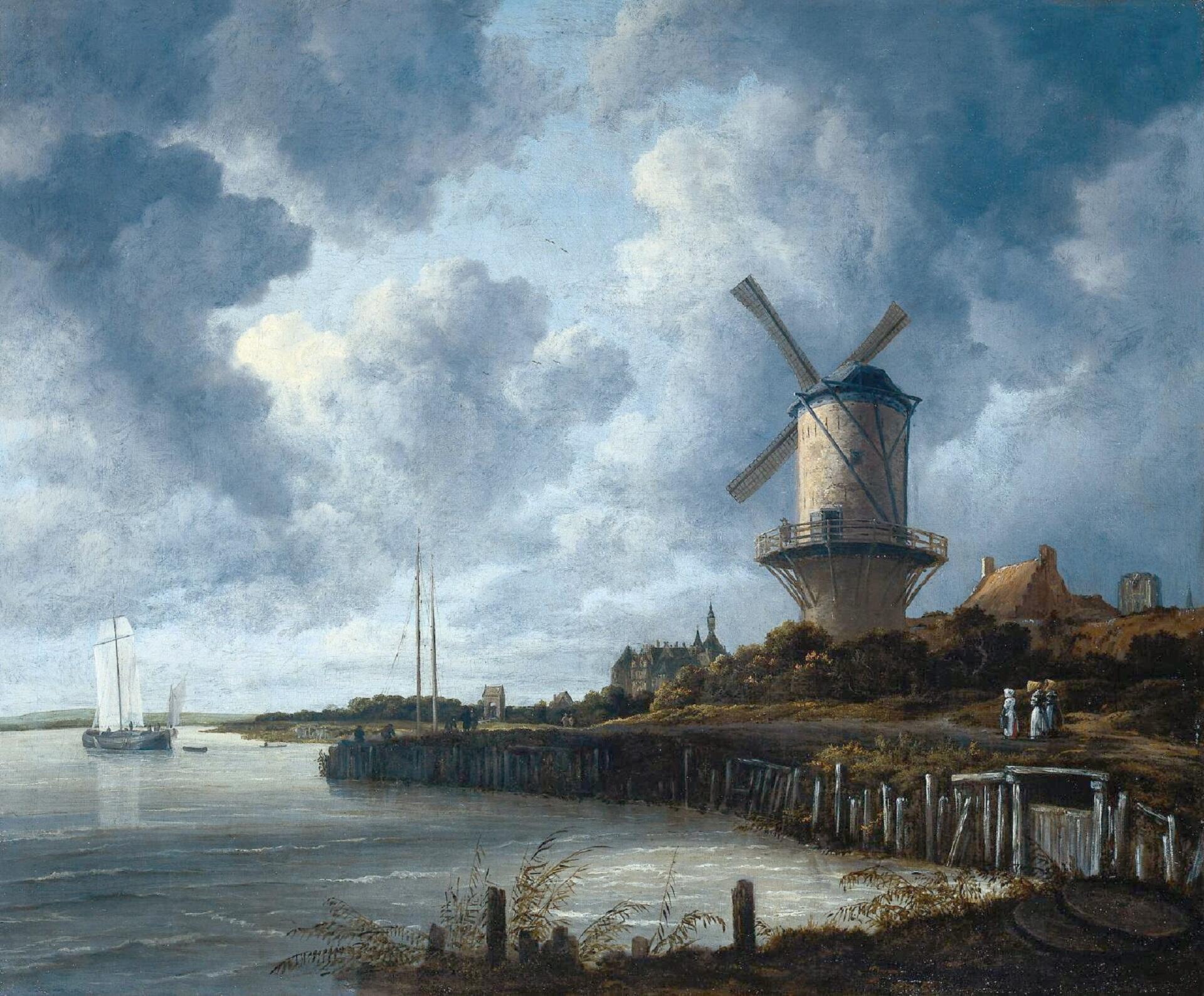 A painting of a windmill by a river on a cloudy day.