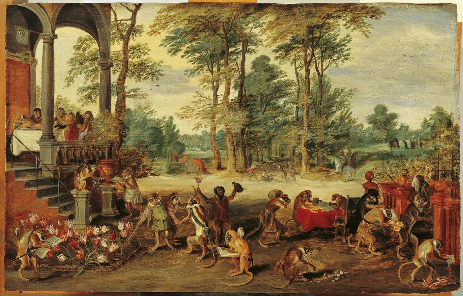 A painting with monkeys depicted as asristocrats as tulip speculators. 