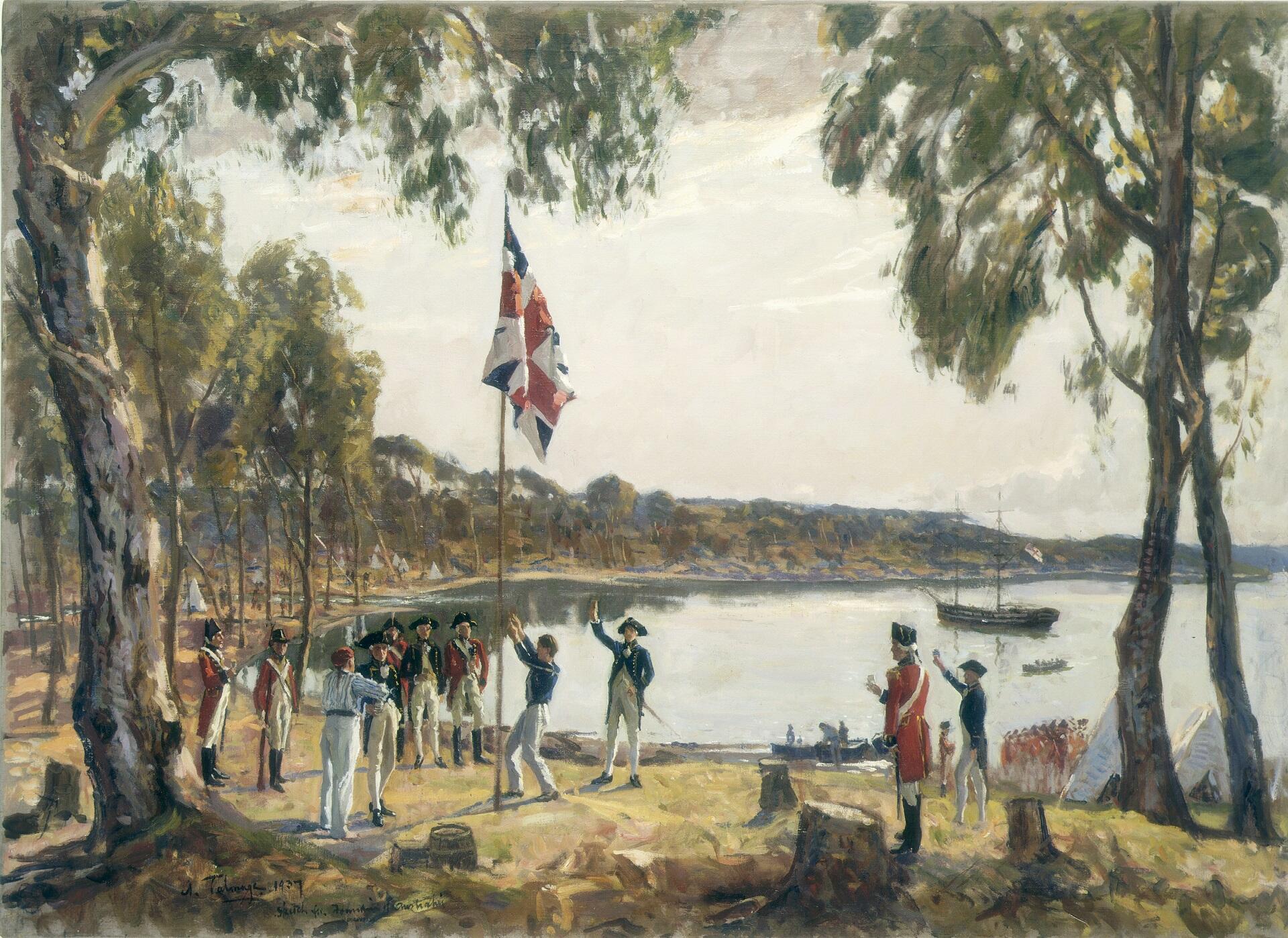 Men on a cove planting a British flag.