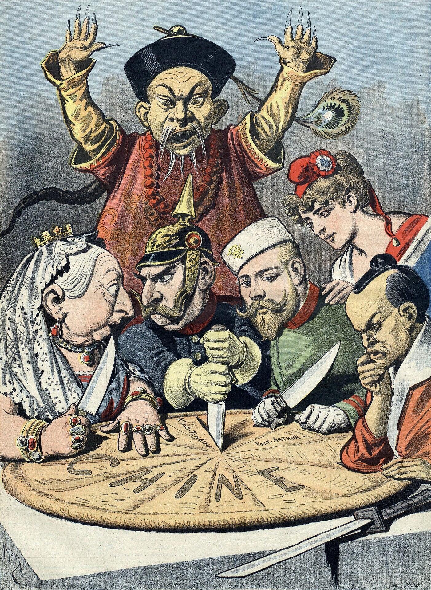 A satirical cartoon depicting British, German, Japanese, Russian and French heads of state carving up China.