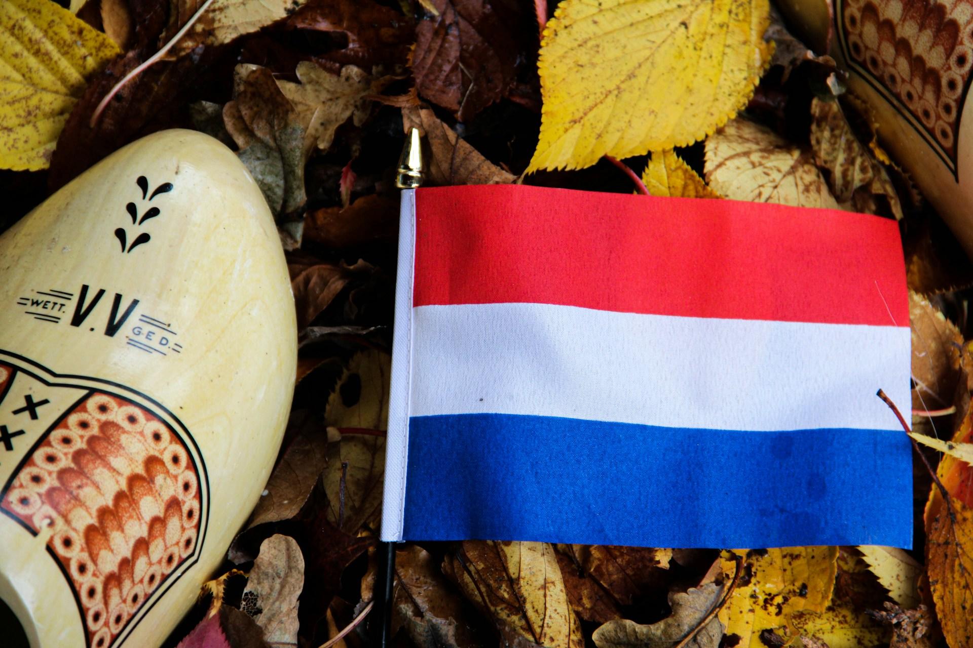 Iconic Dutch flag and wooden shoe, representing Netherlands.