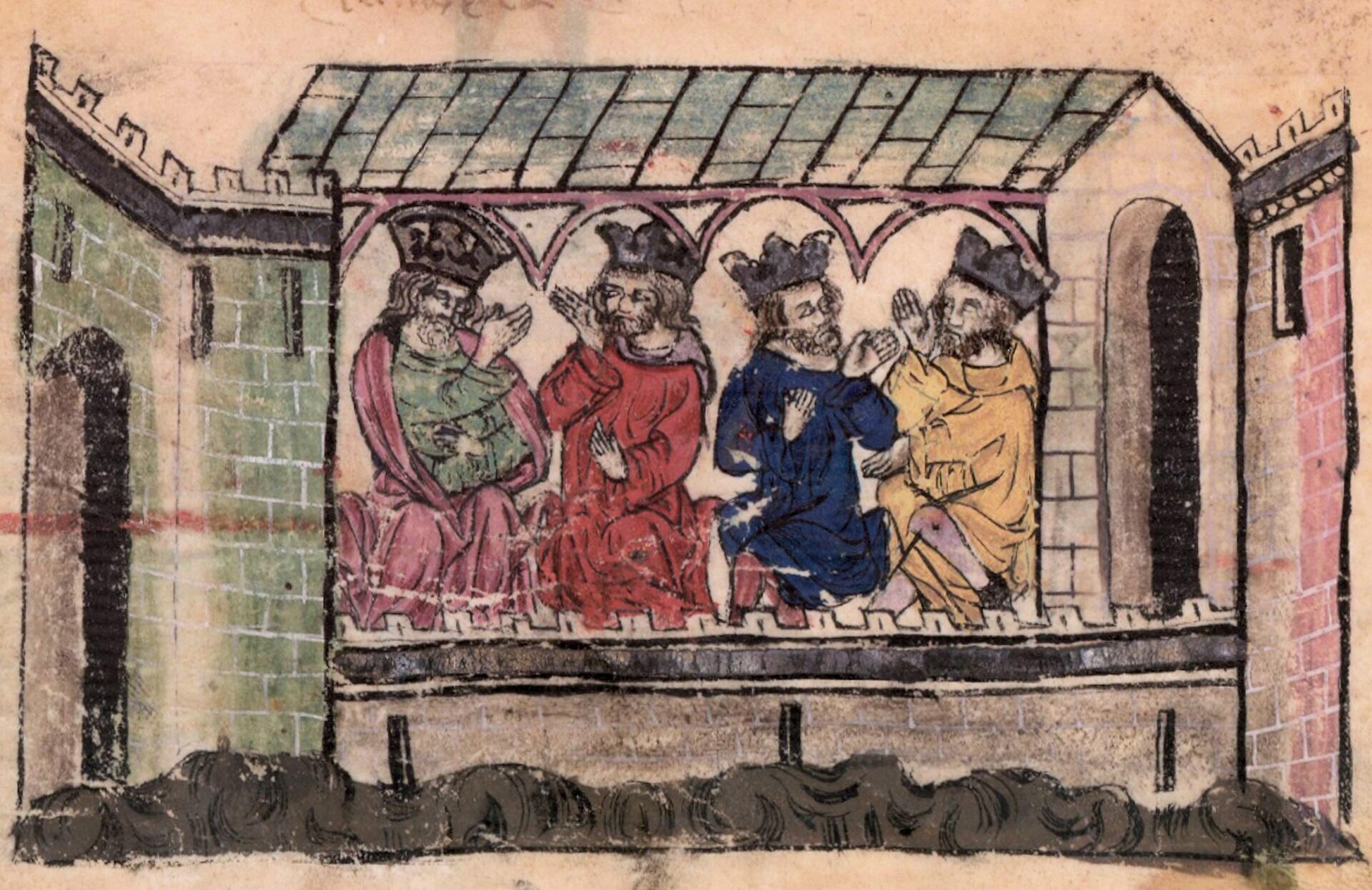 Illustration from a medieval manuscript showing three men gathered in a building, possibly discussing important matters.
