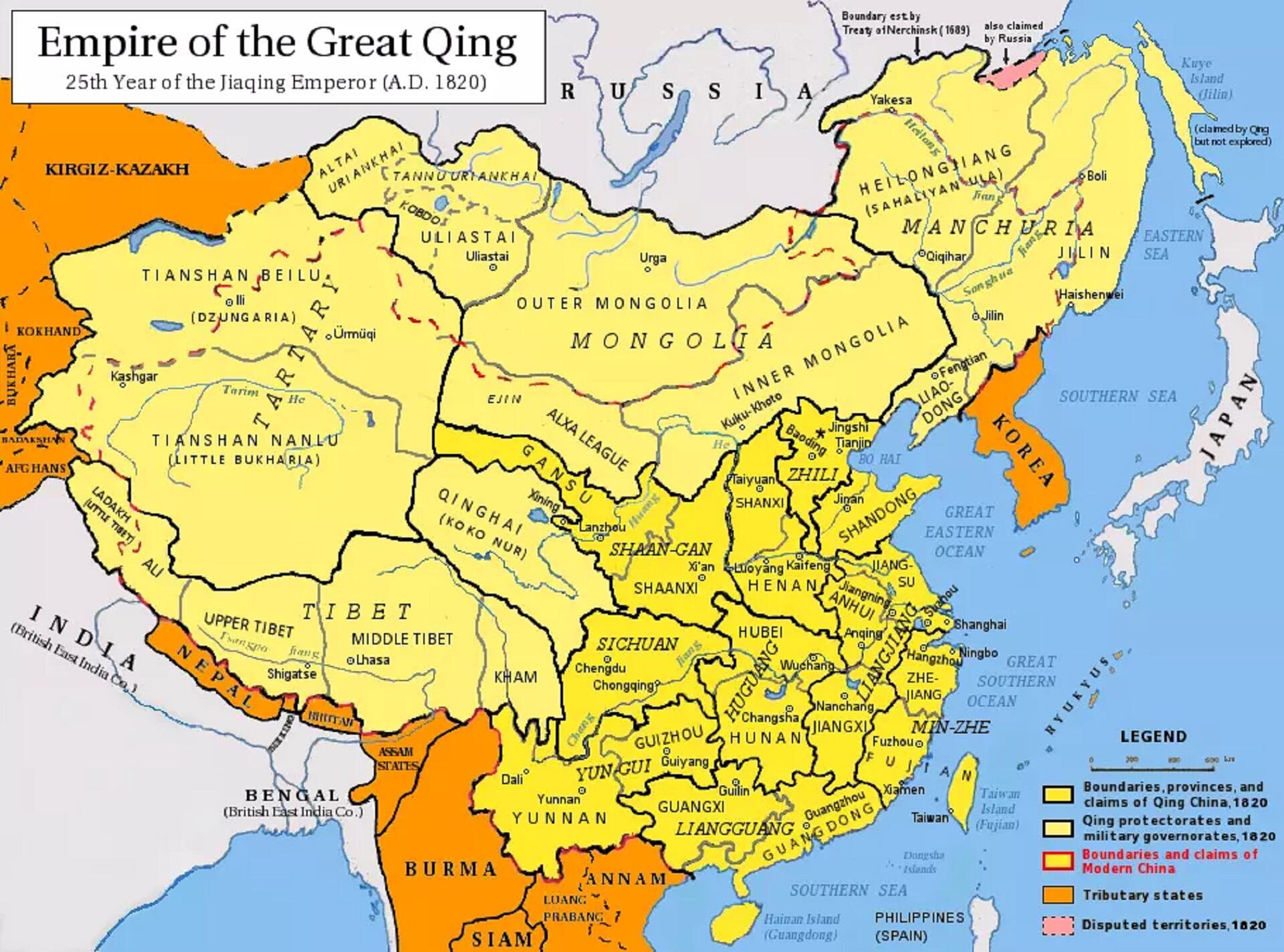a map of China shaded in orange, dark yellow and pale yellow to reflect areas of control.