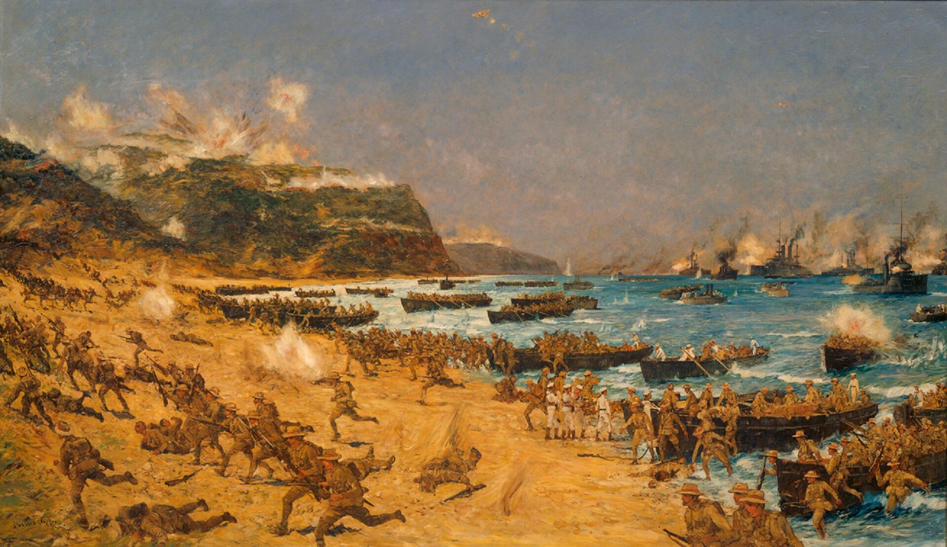 Men in military uniform aboard boats rush a beach with rifles in their hands.