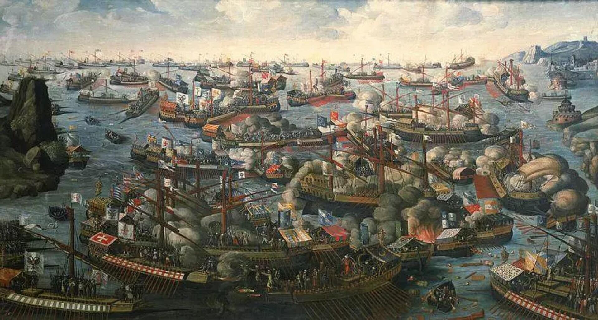A maritime battle scene with many boats confronting each other on the water.