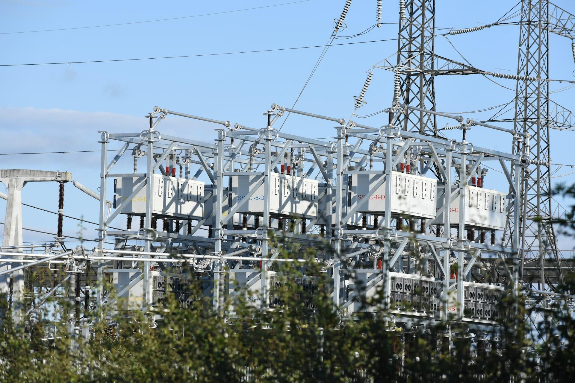 An electrical substation on a sunny day. 