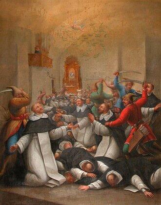 An artwork depicting men in robes fighting, with vivid colors and strong poses that convey the chaos of the scene.