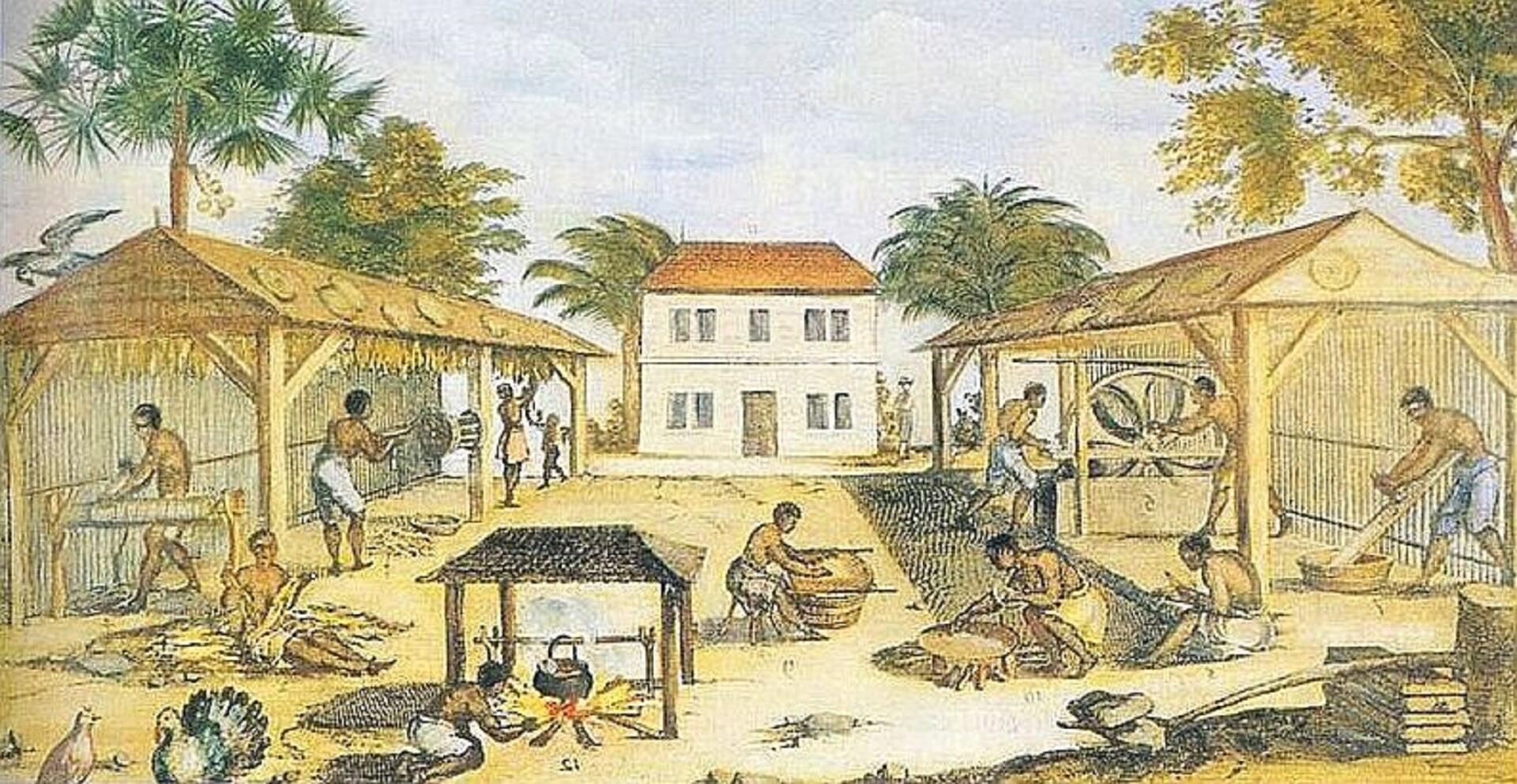 People working various tasks outdoors and a large, white building centred in the background.