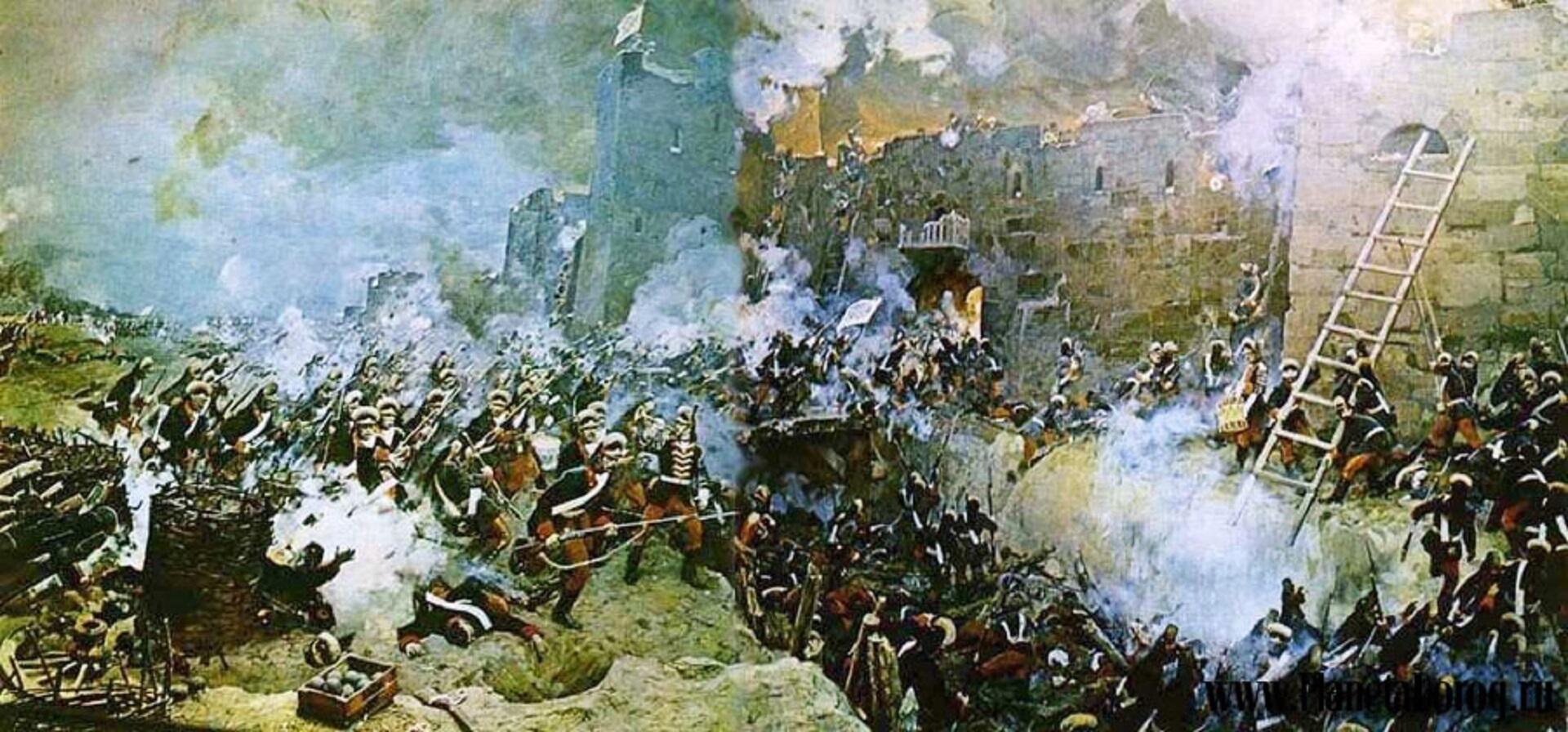 A raging battle showing forces dressed in blue coats and red breeches attacking a fortress, with smoke hanging over the battlefield.