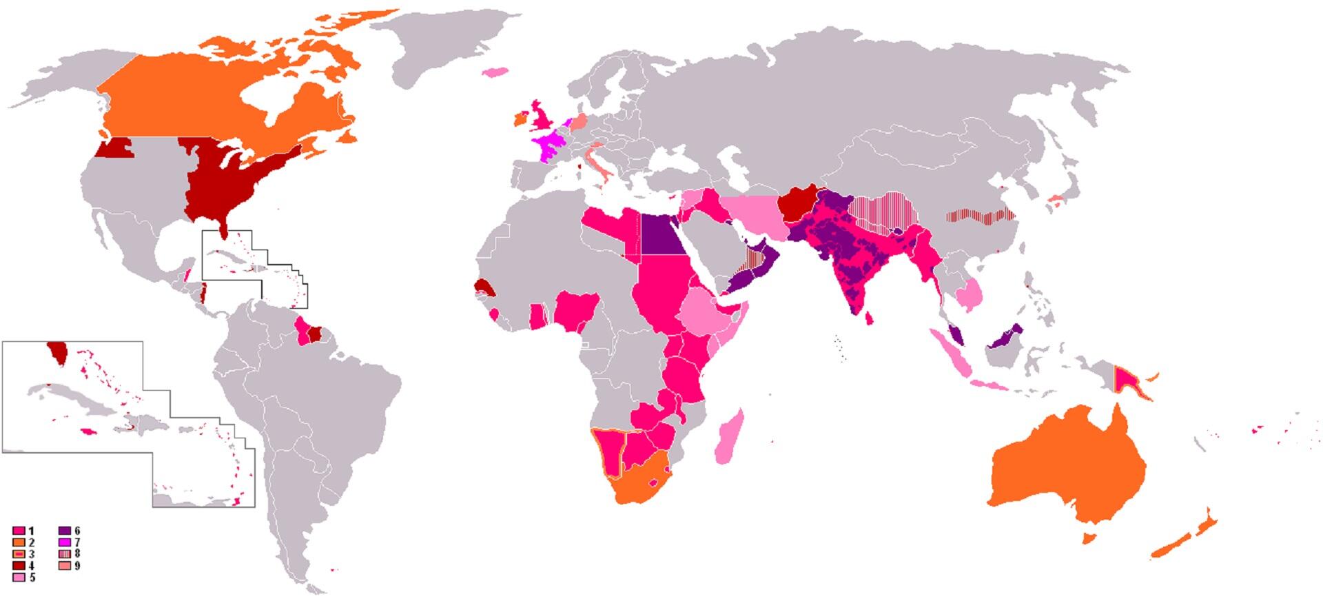 A different coloured world map that highlights various regions.