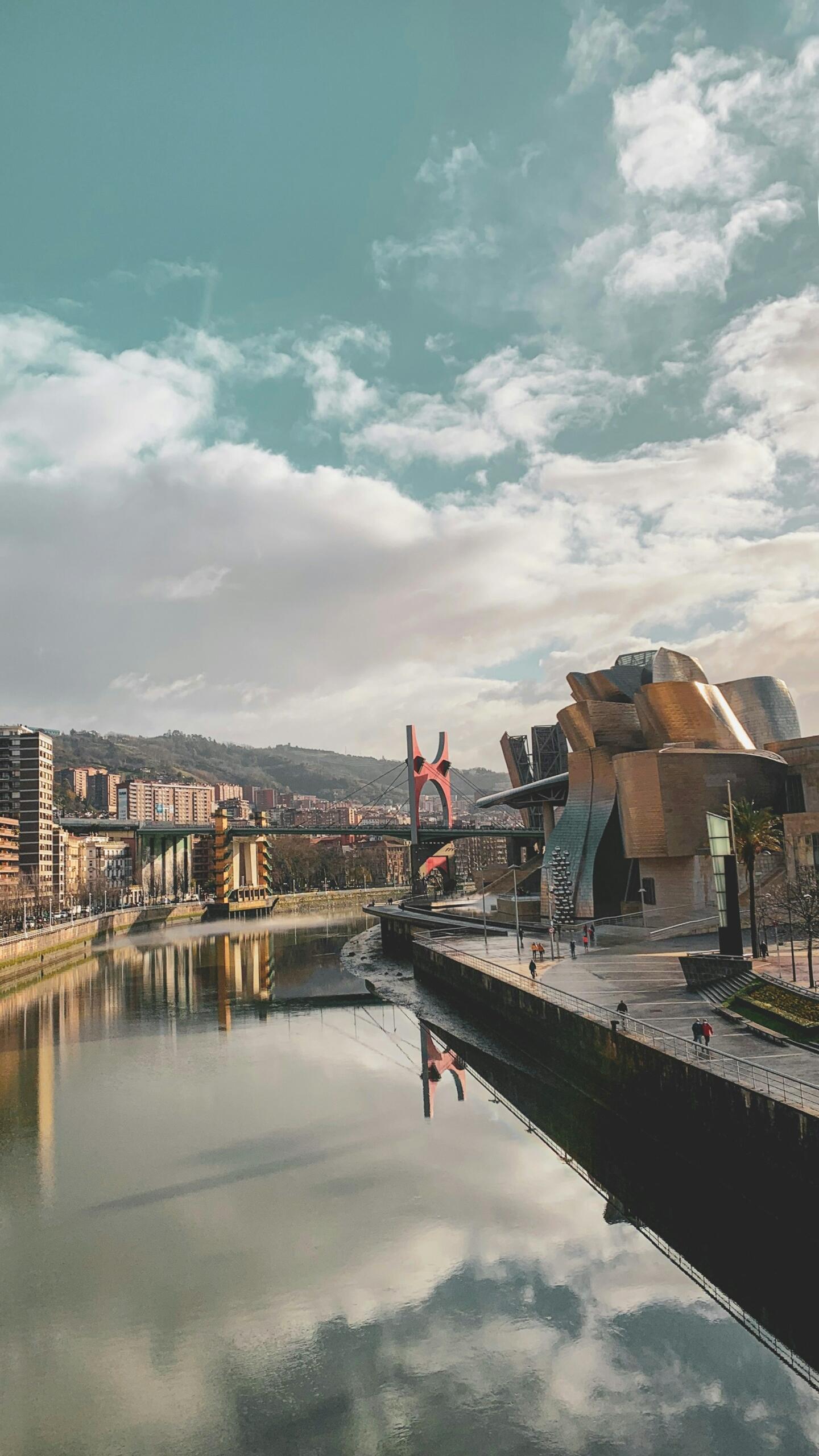 A view of the river and Guggenheim Museum in Bilbao, Spain.