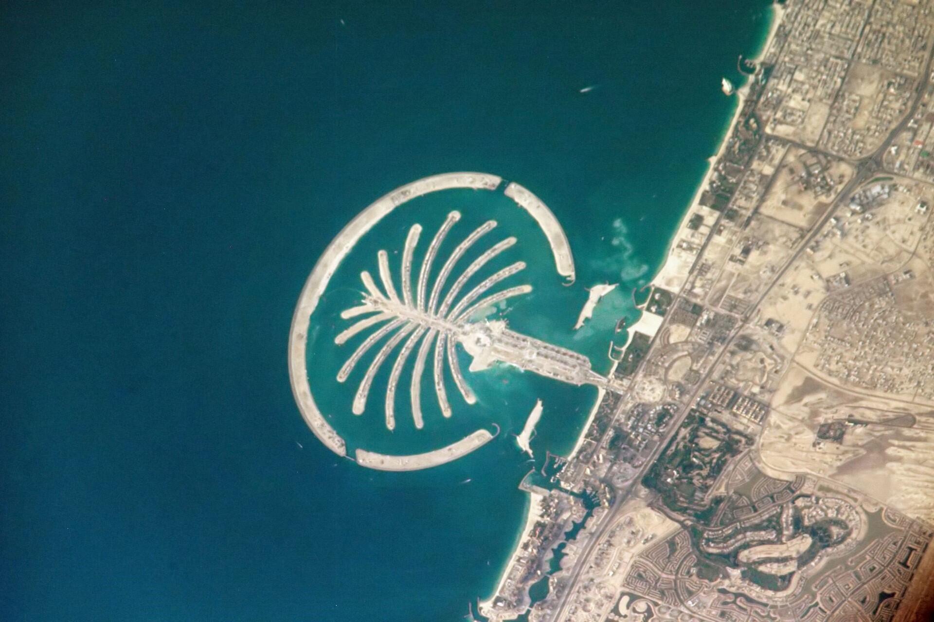 Satellite view of palm tree-shaped artificial islands extending into the sea next to a coastal city.