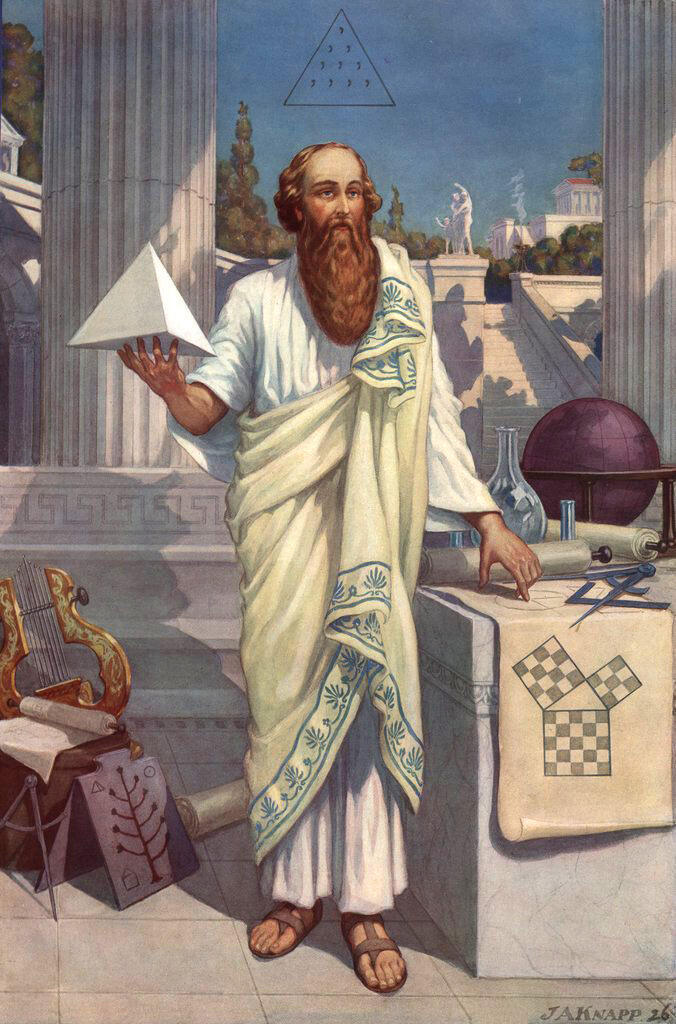 Portrait of Pythagoras with a beard and traditional Greek clothing.