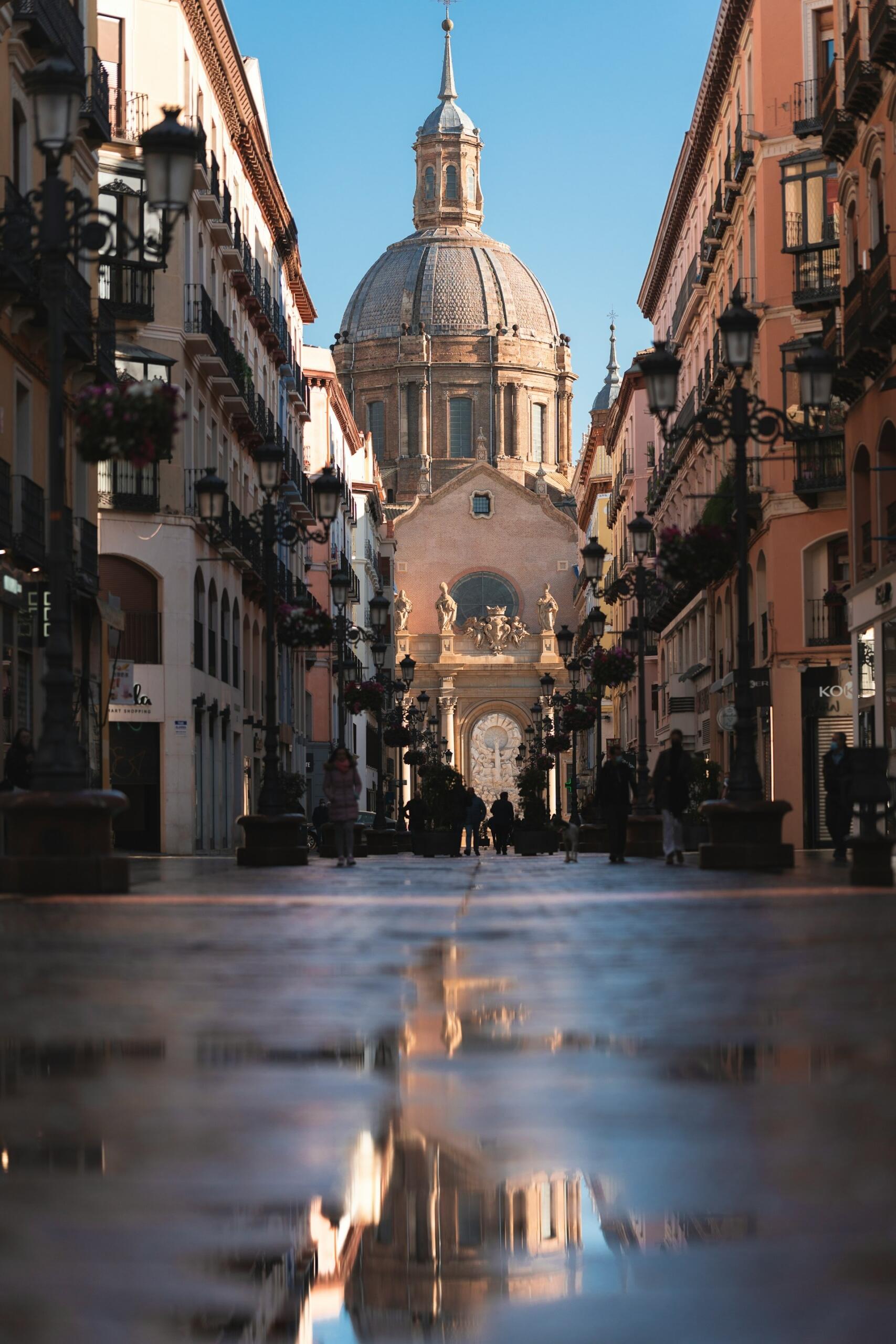 A view down a street in Zaragoza, Spain.