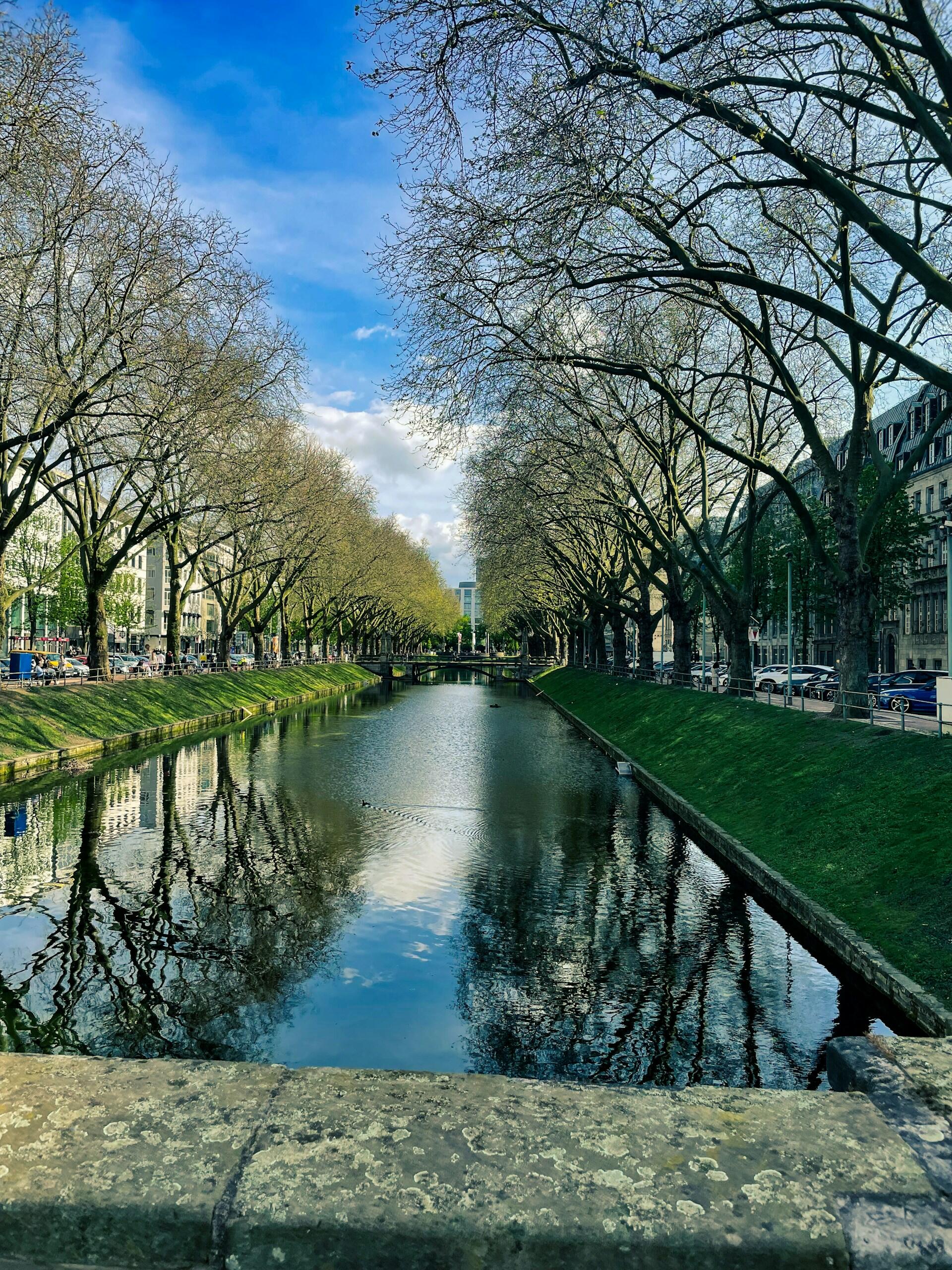 A river with green banks on either side. 