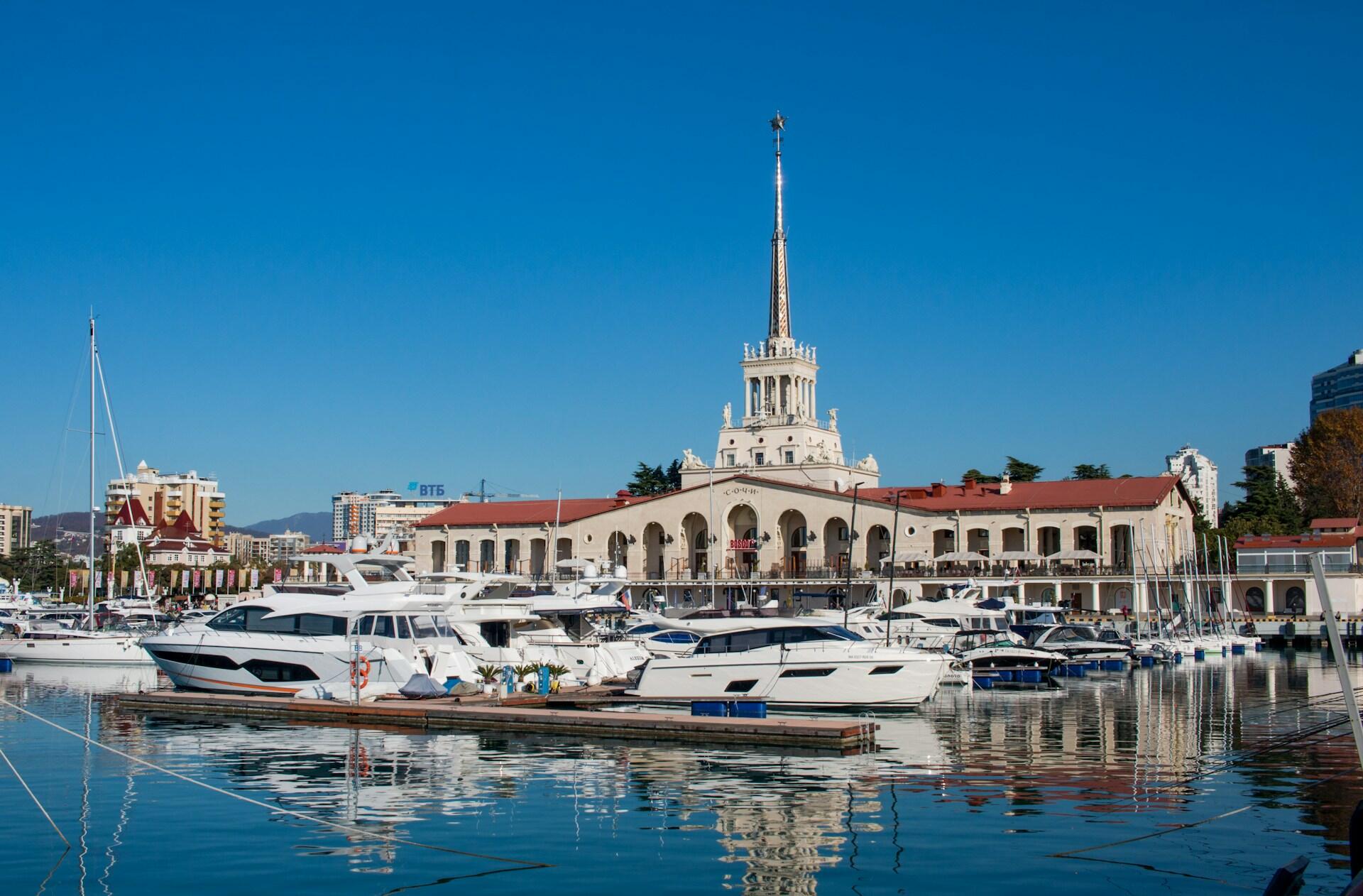 Sochi marina, with a building in the background.
