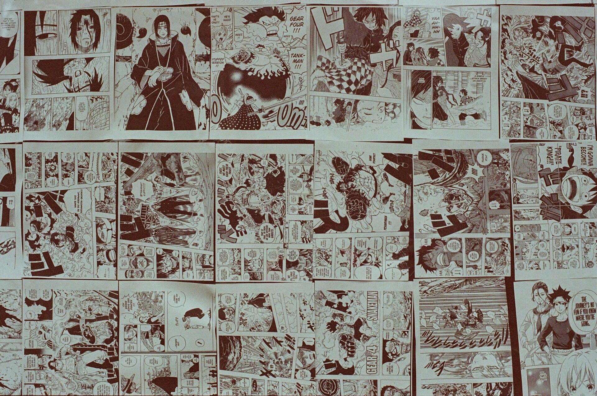A collage of manga comic panels, featuring various characters, vibrant action scenes, and expressive dialogue in a dynamic layout.
